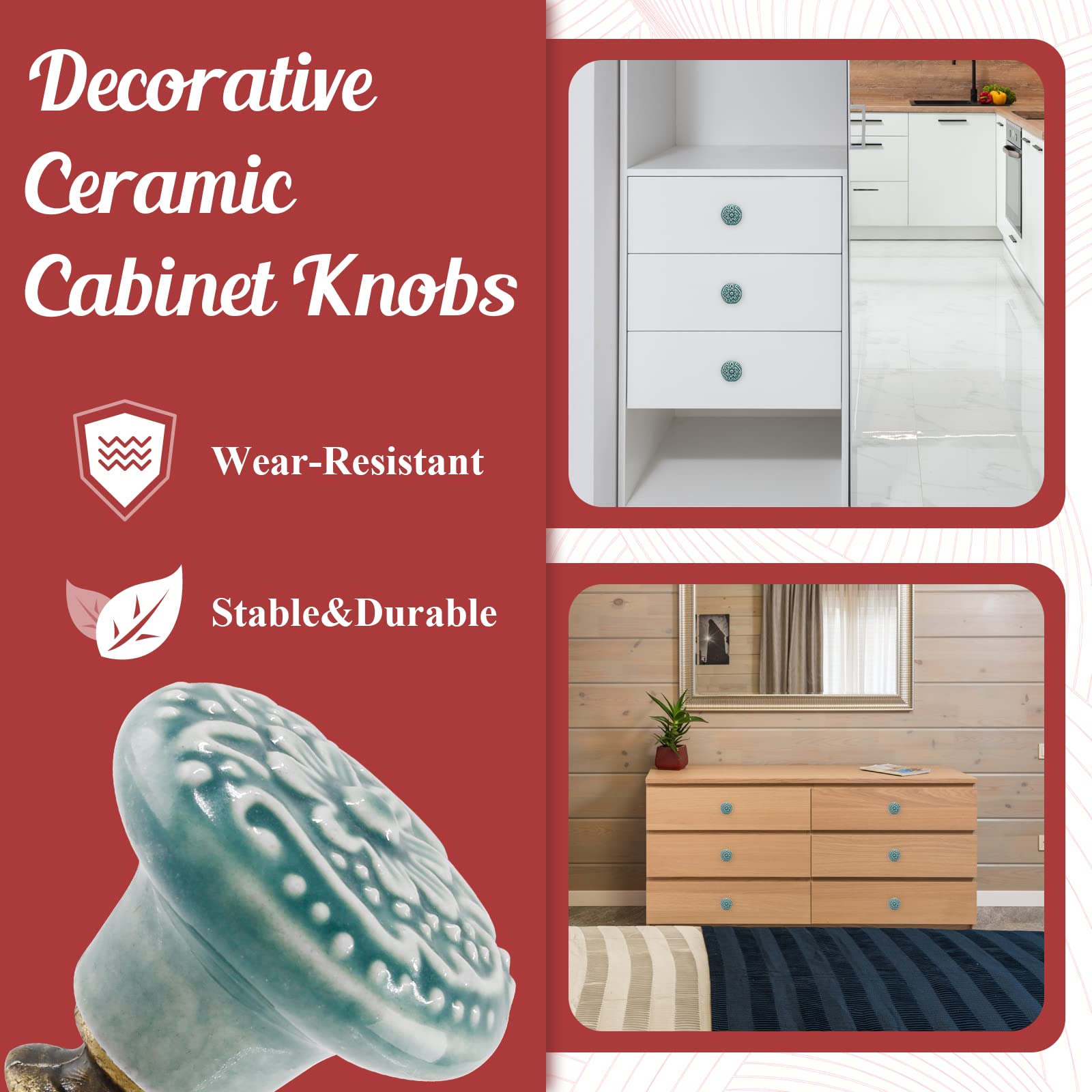 Vintage Green Ceramic Knobs 4pcs - Retro Drawer Pulls for Kitchen Cabinets & Furniture