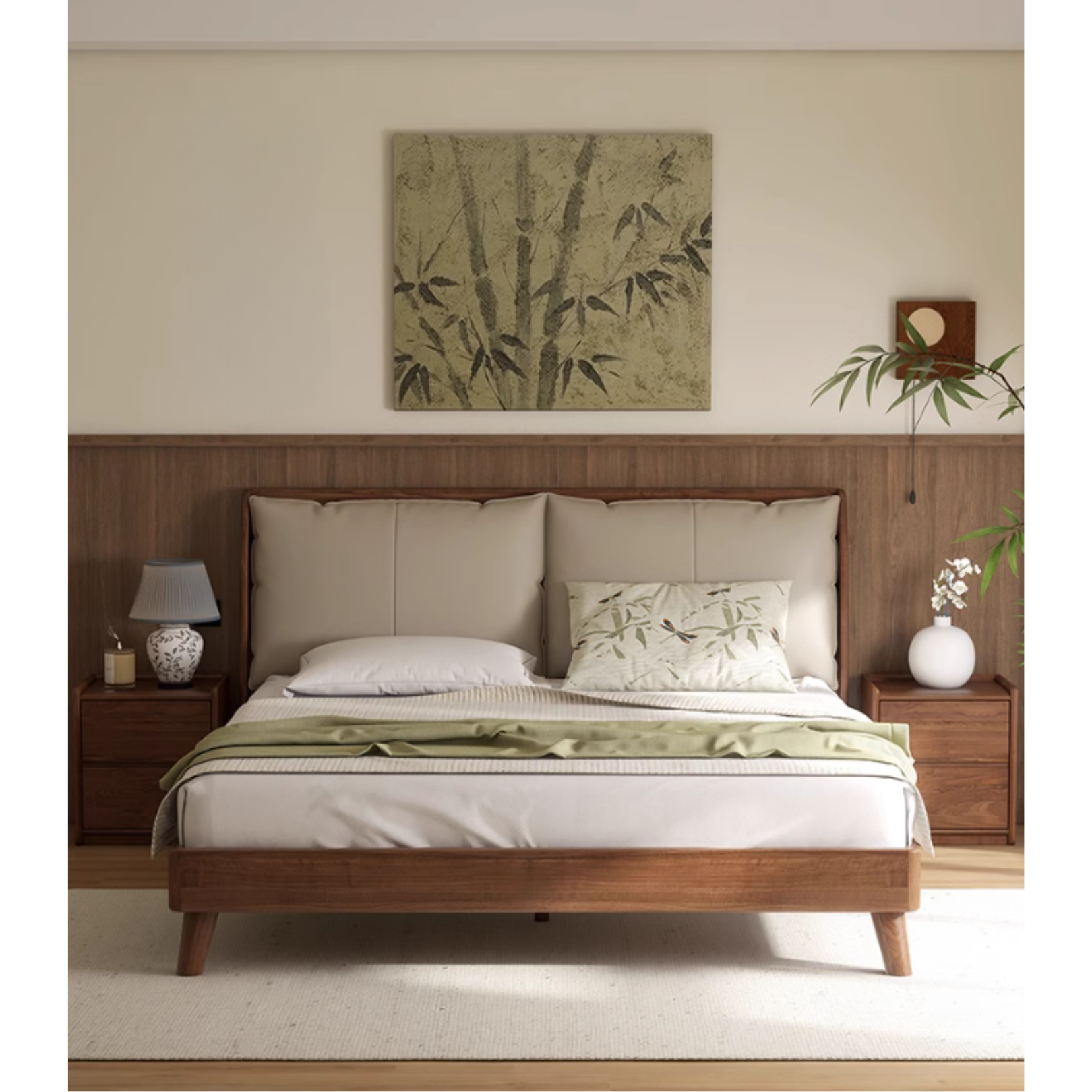 Premium Black Walnut Solid Wood Leather & Tech Fabric Bed Frame - Modern Platform Bed for Master Bedroom, Guest Room & Dormitory