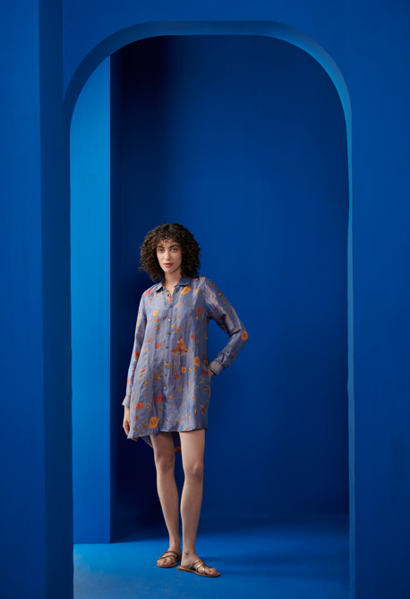 Luxury Oversized Silk Brocade Shirt for Women - Elegant Cobalt Blue Blouse - Perfect for Office Wear, Evening Parties & Special Occasions