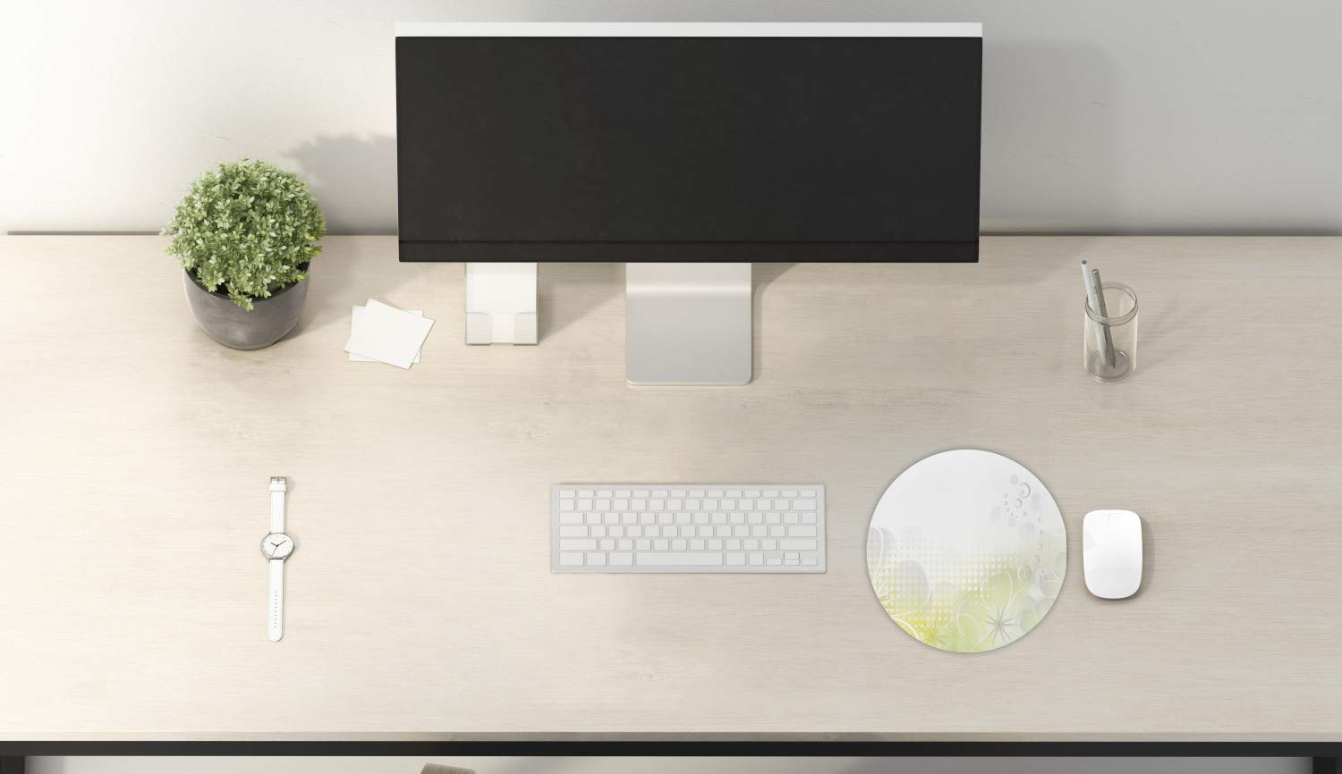 Ambesonne Round Non-Slip Gaming Mouse Pad - 8 Inch Abstract Grunge Design with Water Bubbles & Flowers in Pale Yellow & Grey | Thick Rubber Base for Computer, Office & Home Workspace