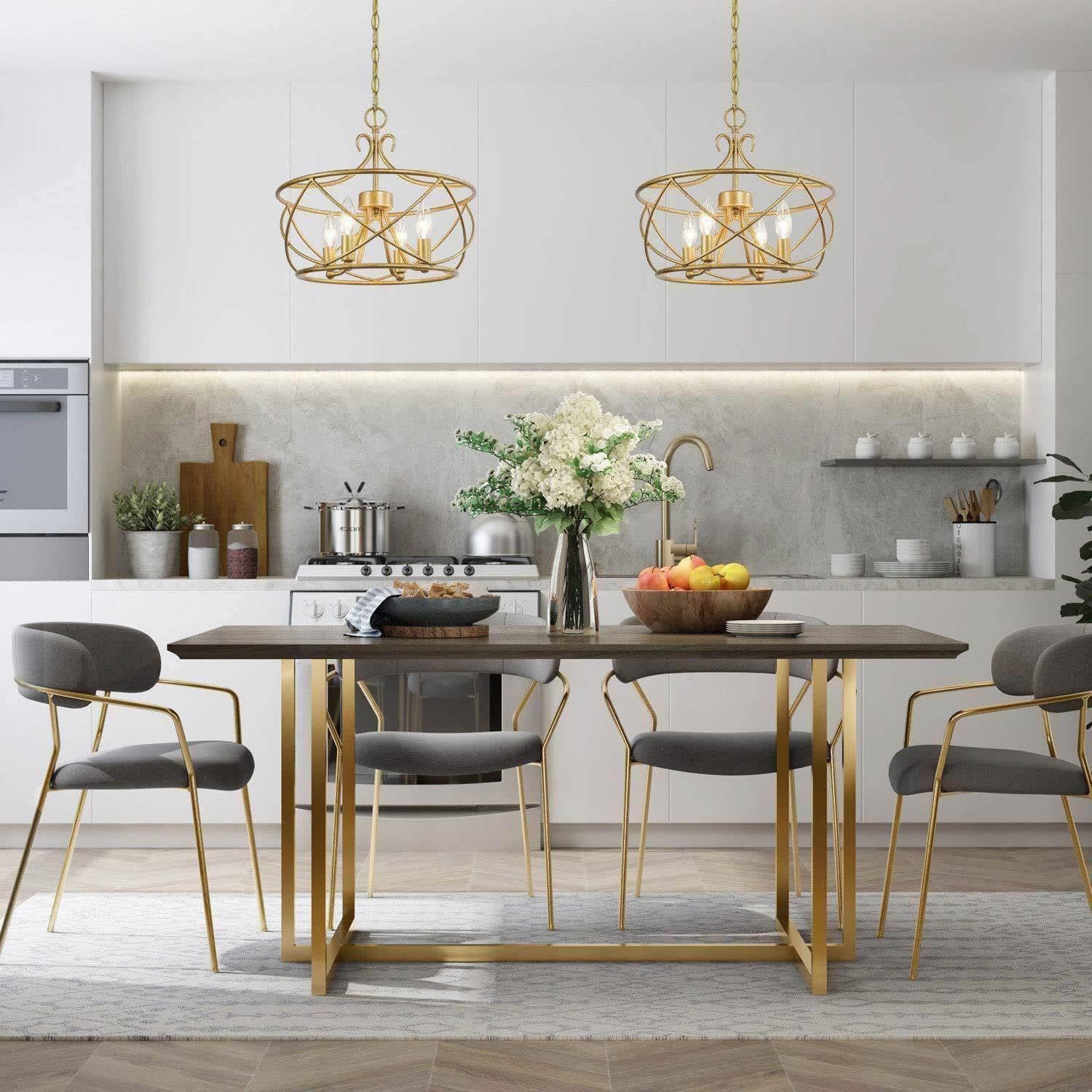 Modern Gold Chandelier - 4-Light Drum Pendant Light Fixture with Antique Gold Finish for Dining Room, Living Room, Bedroom, Foyer & Kitchen | Elegant Lighting for Home Decor & Interior Design