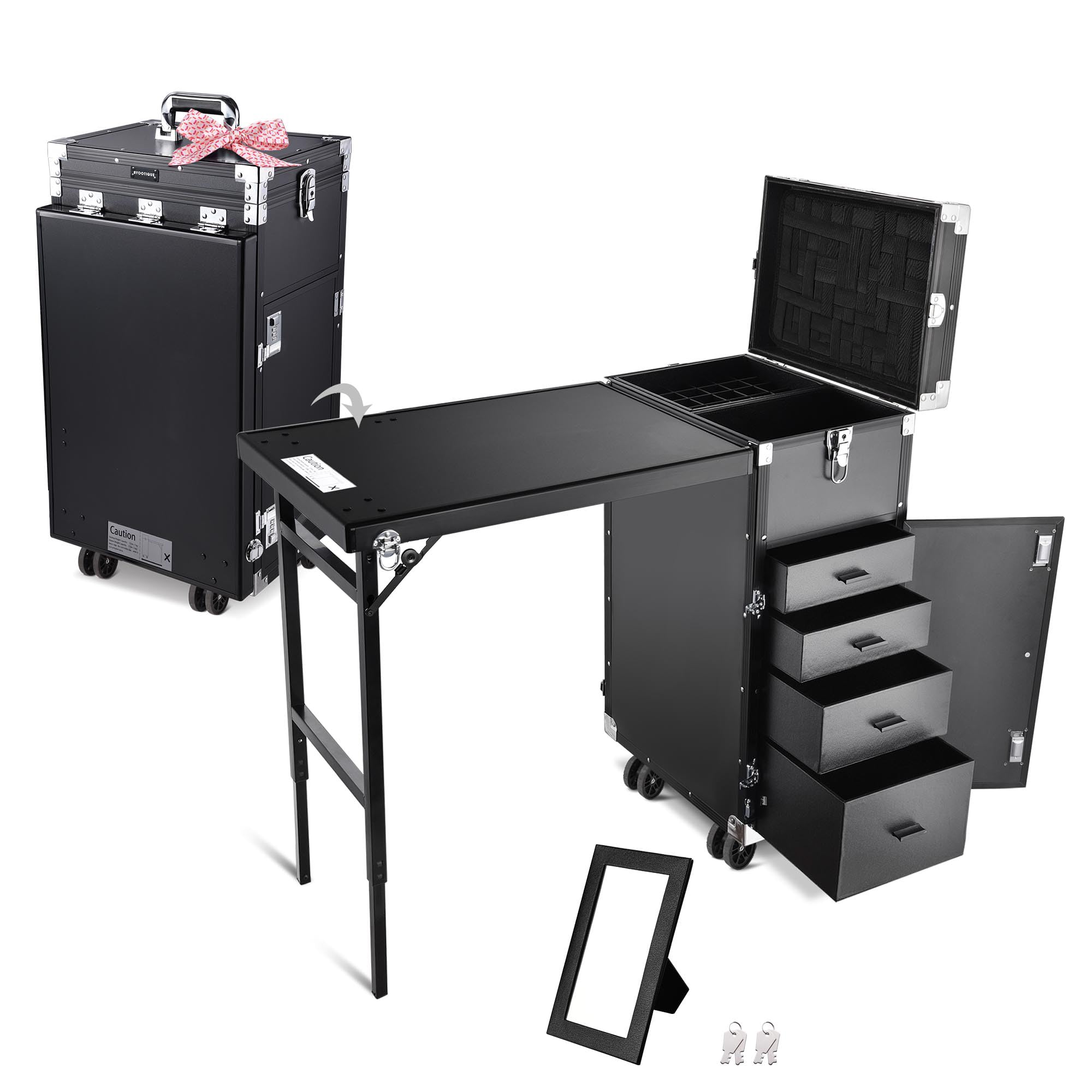 BYOOTIQUE Professional Rolling Manicure Table - Foldable Nail Salon Table with 4 Drawers, Mirror & Cosmetic Trolley - Portable Makeup Train Case for Beauty Technicians - Ideal for Salon Workstations, Home Use & Travel Storage Organizer (Black)