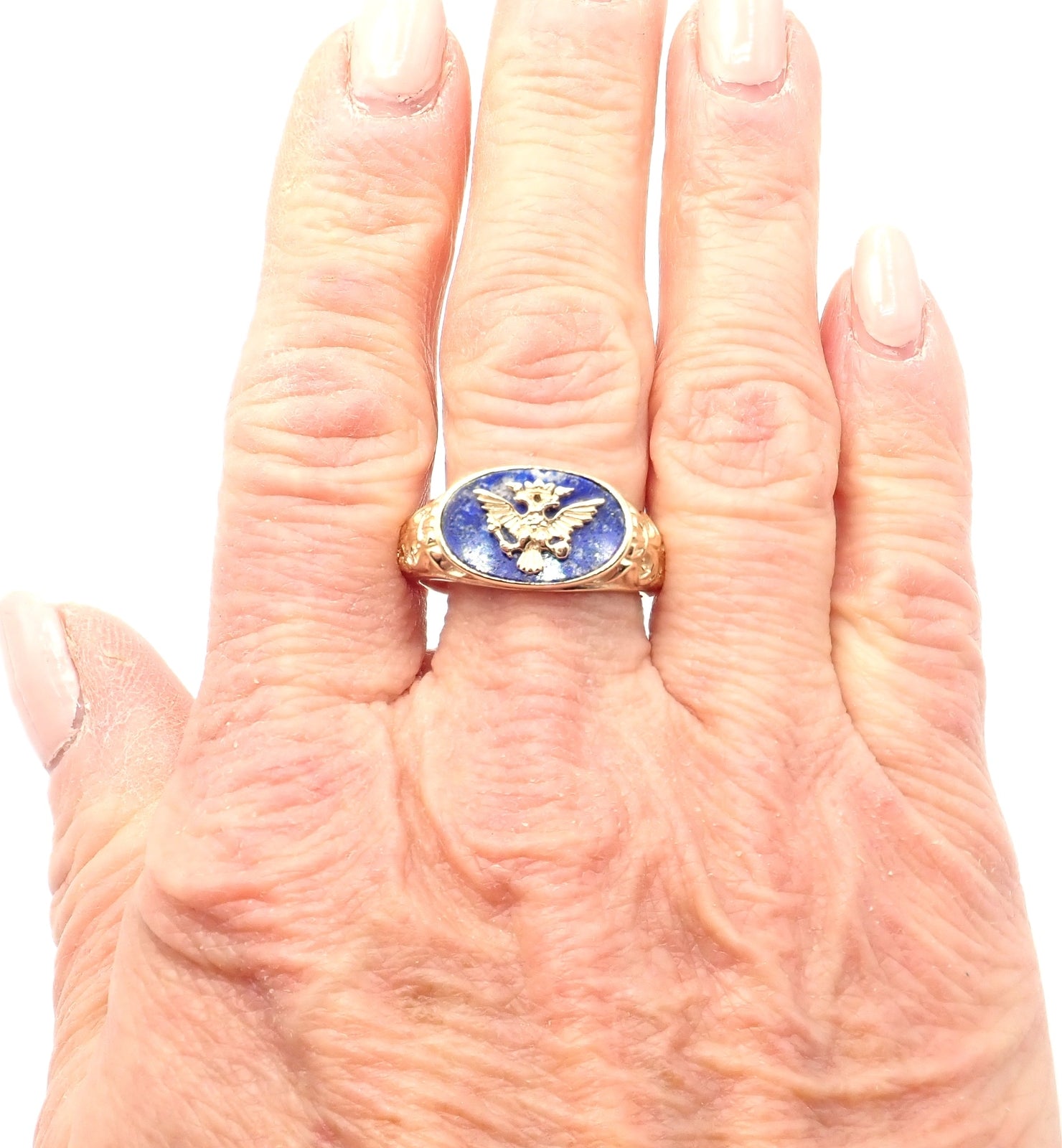 Authentic Franklin Mint Faberge Imperial Eagle 14k Yellow Gold Lapis Ring - Luxury Vintage Jewelry for Collectors & Special Occasions