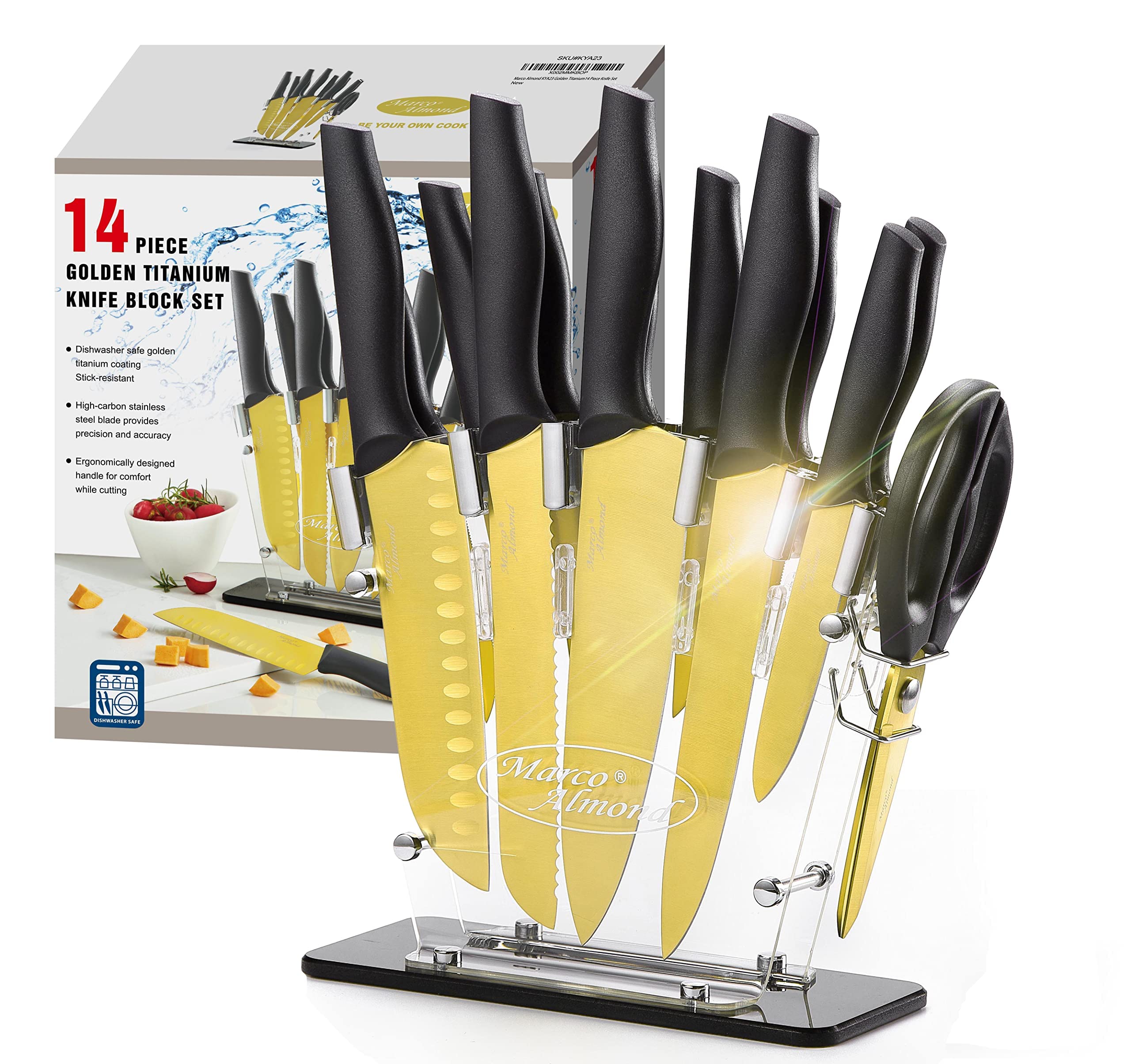 KYA23 14-Piece Golden Titanium Knife Set with Acrylic Stand - Premium Marco Almond MA21 Kitchen Knives for Slicing, Dicing & Chopping - Perfect for Home Chefs & Professional Cooking