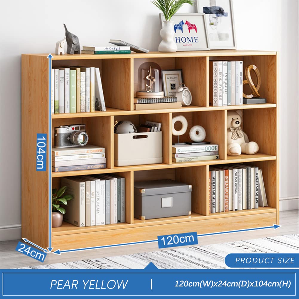 IOTXY 3-Tier Open Shelf Bookcase - Wooden Short Horizontal Bookshelf with 10 Cubes, Floor Standing Display Cabinet Organizer with Base in Pear Yellow - Perfect for Living Room, Bedroom, Office & Kids Room Storage