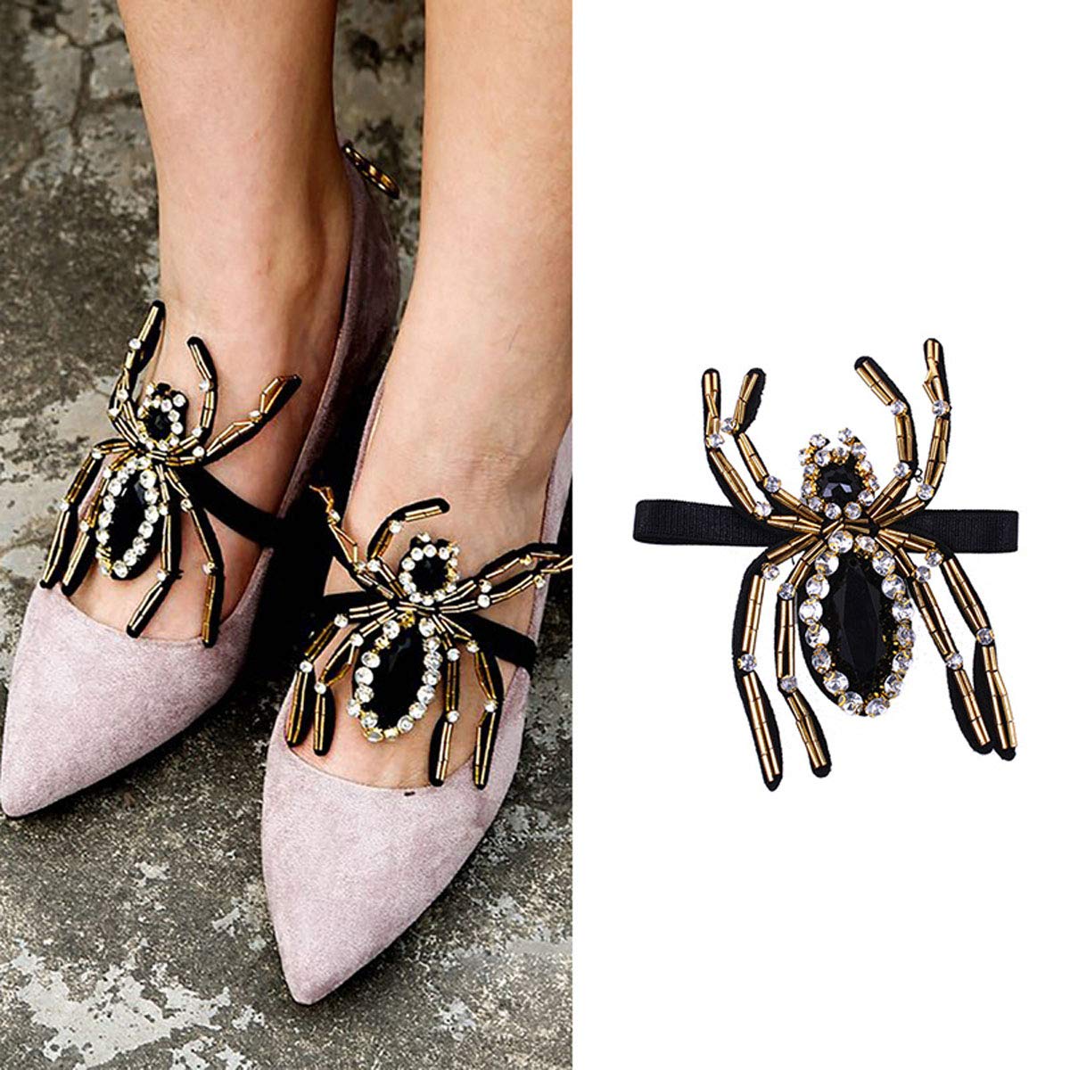 Suoirblss 2PCS DIY Rhinestone Bee Shoe Straps - Sparkling Shoe Accessories for Flats & High Heels | Adjustable Shoe Decor for Women (Spider Style Black) | Perfect for Weddings, Parties & Special Occasions