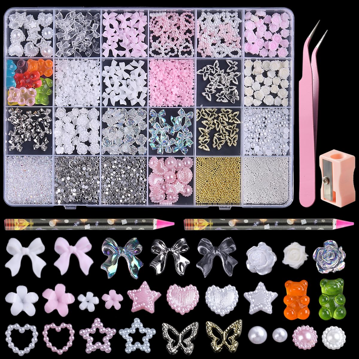 3D Nail Charms Bulk - 500pcs Assorted Colorful Nail Art Decorations with Flowers, Hearts, Pearls, Butterflies, Bows & Crystals - DIY Manicure Accessories Kit with Pickup Tool for Professional Salon, Home Nail Art & Party Glam