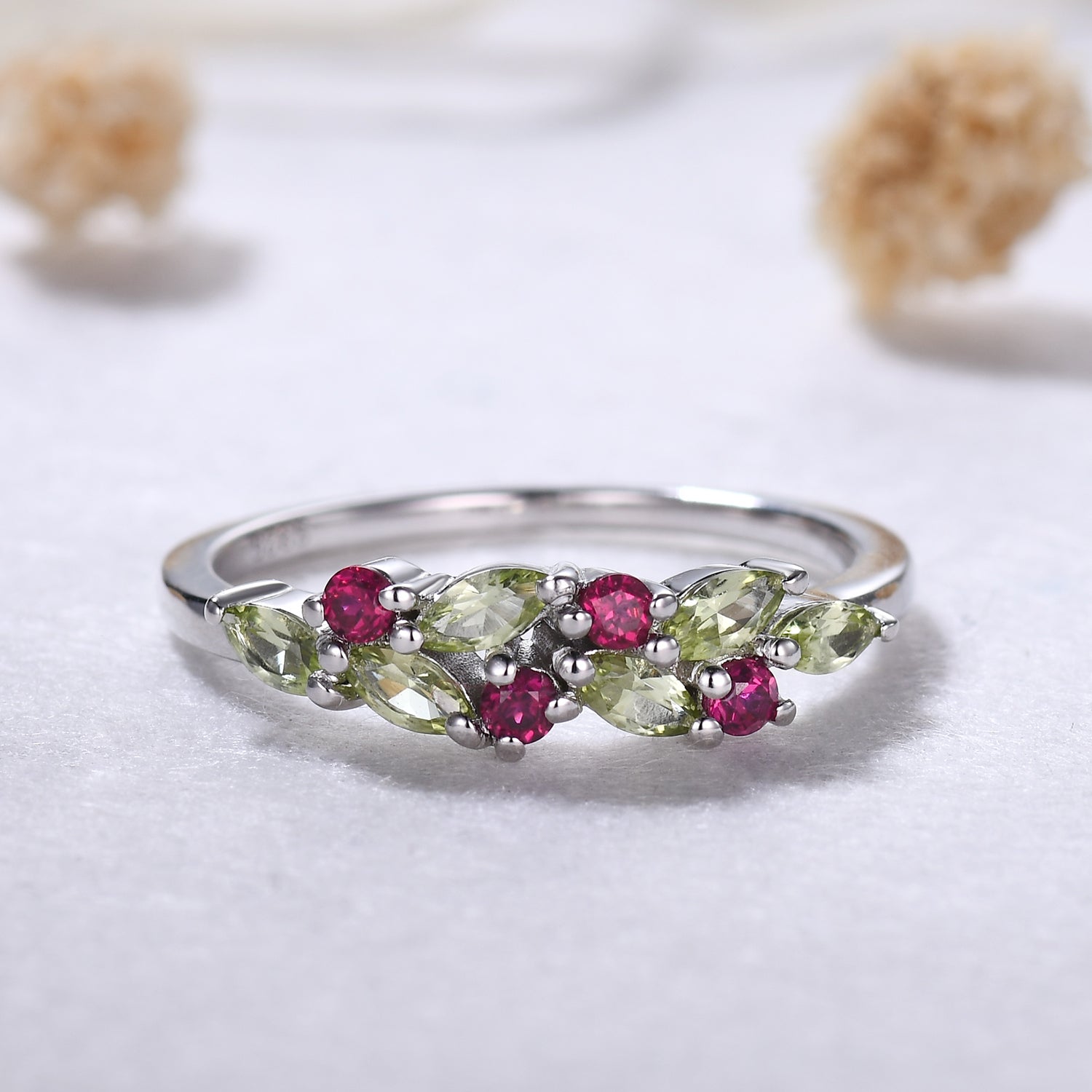 Marquise Peridot and Ruby Cluster Wedding Band Ring in 14K White Gold - Elegant Multicolor Bridal Jewelry for Engagement, Anniversary & Special Occasions