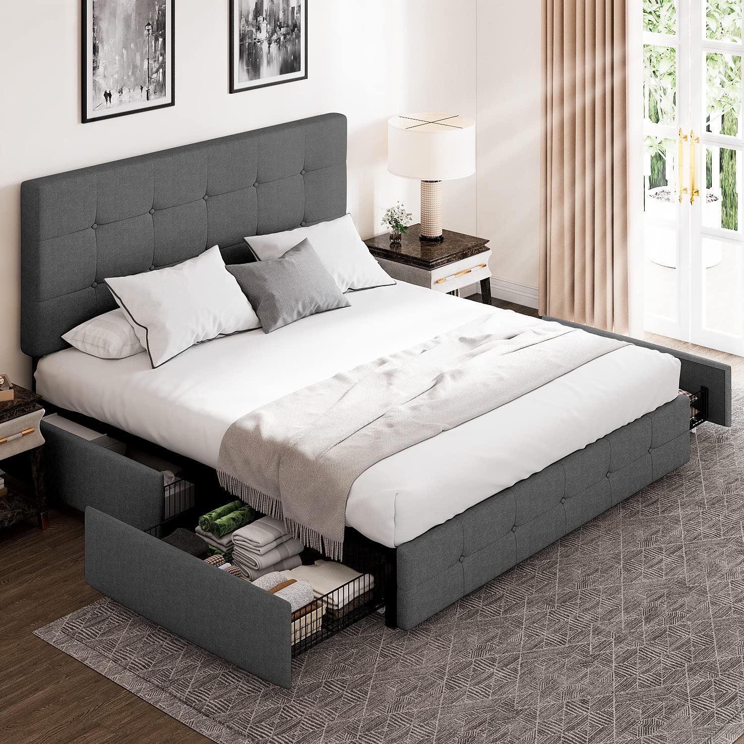 IMUsee Full Bed Frame with Storage Drawers - Upholstered Platform Bed with Adjustable Tufted Headboard, Wood Slat Support, No Box Spring Needed - Dark Grey for Bedroom, Guest Room, Dorm & Small Spaces