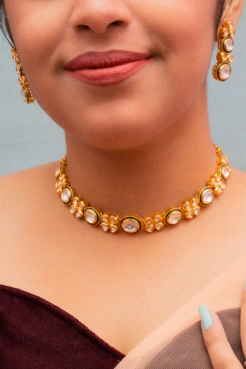 Luxury Gold Plated Royal Kundan Necklace and Earrings Set for Women - Indian Bridal Jewelry, Wedding Party Accessories, Ethnic Fashion Statement (D832)