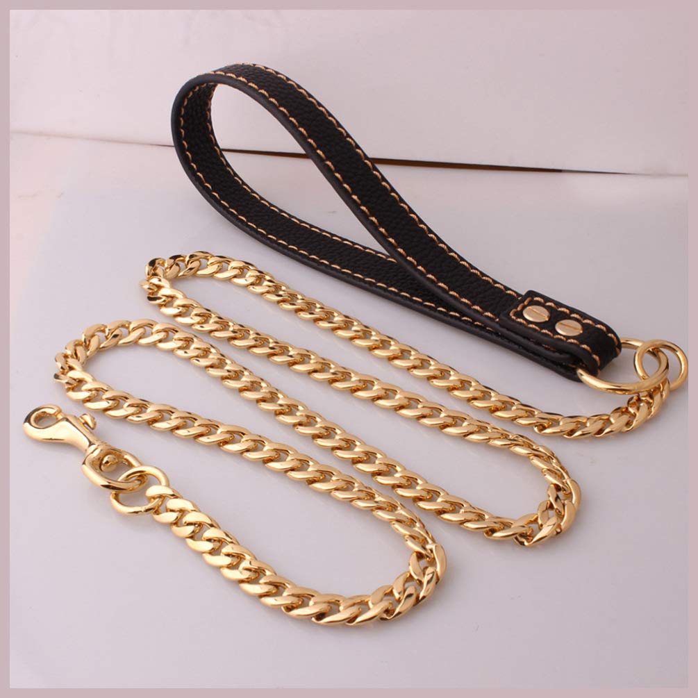 Premium Heavy Duty Dog Leash with Soft Padded Leather Handle & Gold Stainless Steel Chain - Strong Traction Rope for Small & Large Dogs - Perfect for Walking, Training & Outdoor Adventures