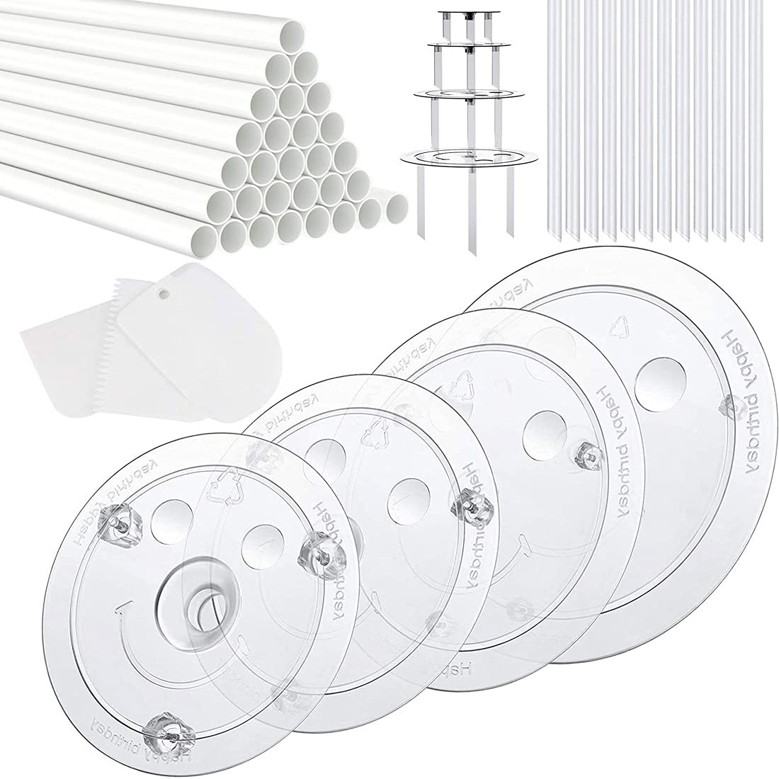 20 Plastic Cake Sticks Support Rods & 12 Clear Cake Stacking Dowels with 4 Cake Separator Boards for 4, 6, 8, 10 Inch Cakes - 3 Plastic Cake Scrapers Included - Perfect for Tiered Cakes, Wedding Cakes & Birthday Cakes