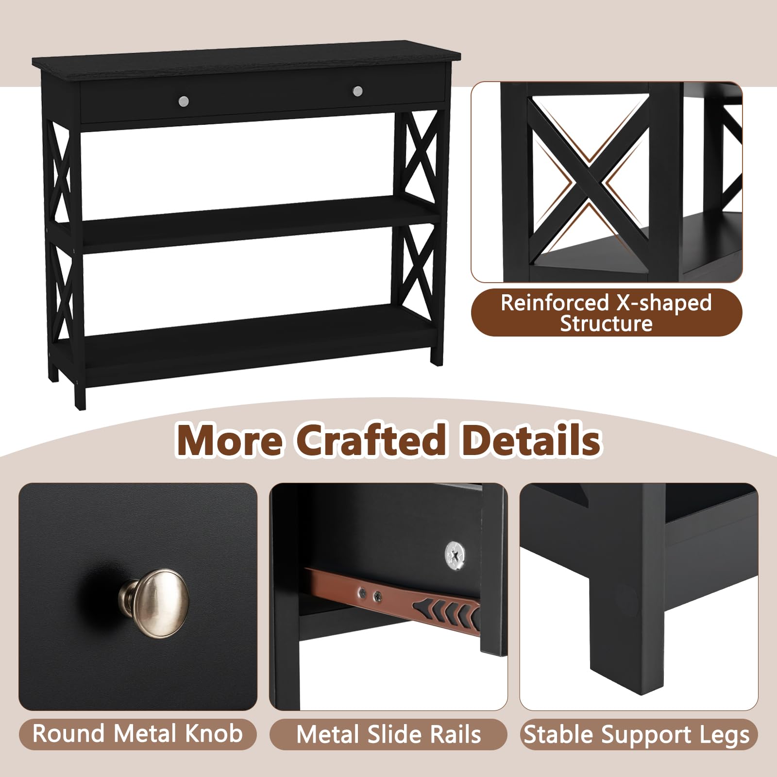 GOFLAME 3-Tier Sofa Table with Large Drawer & Open Shelves - Modern Narrow Wooden Console Table for Entryway, Living Room & Hallway - Perfect for Small Space Organization & Home Decor (Black)