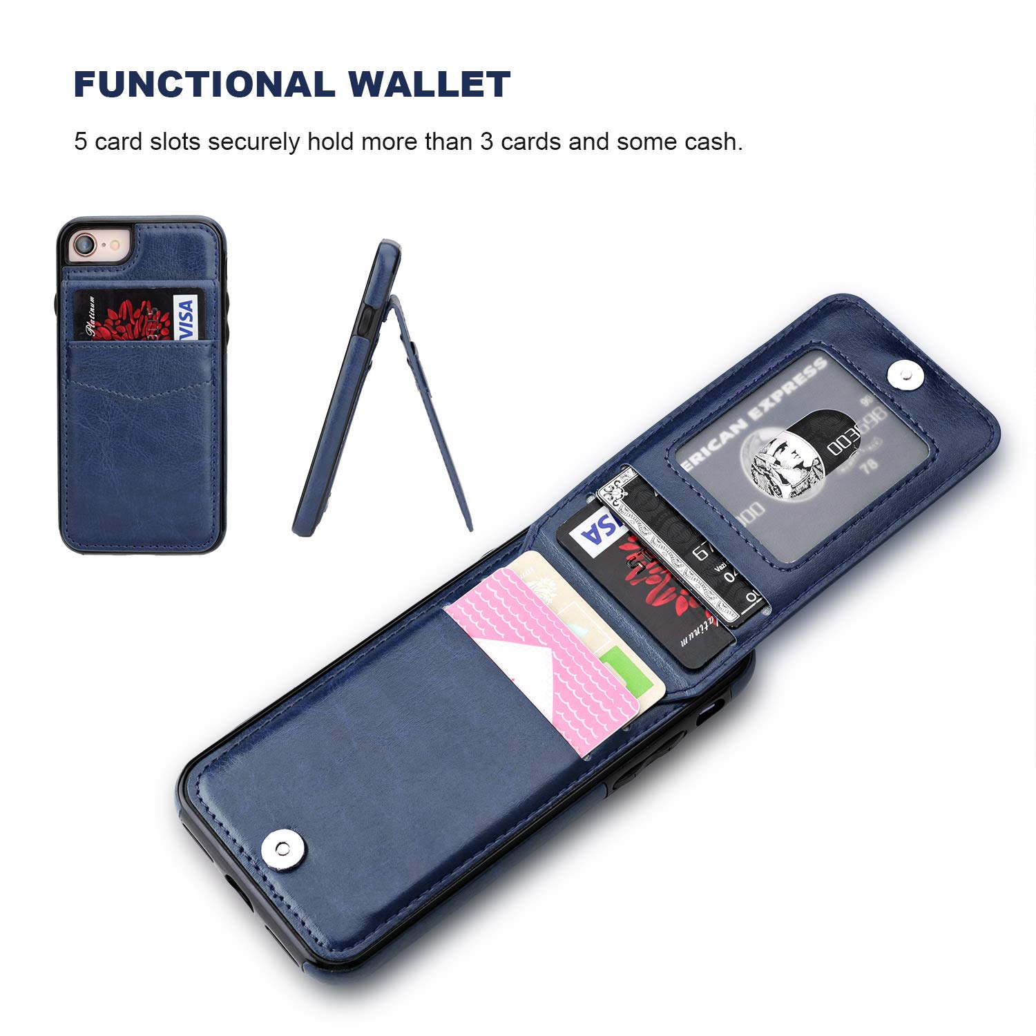 Premium Leather iPhone 7/8/SE 4.7 Inch Case with Credit Card Holder & Magnetic Clasp - Heavy Duty Protective Wallet Cover with Kickstand (Blue) - Perfect for Travel, Business & Everyday Use