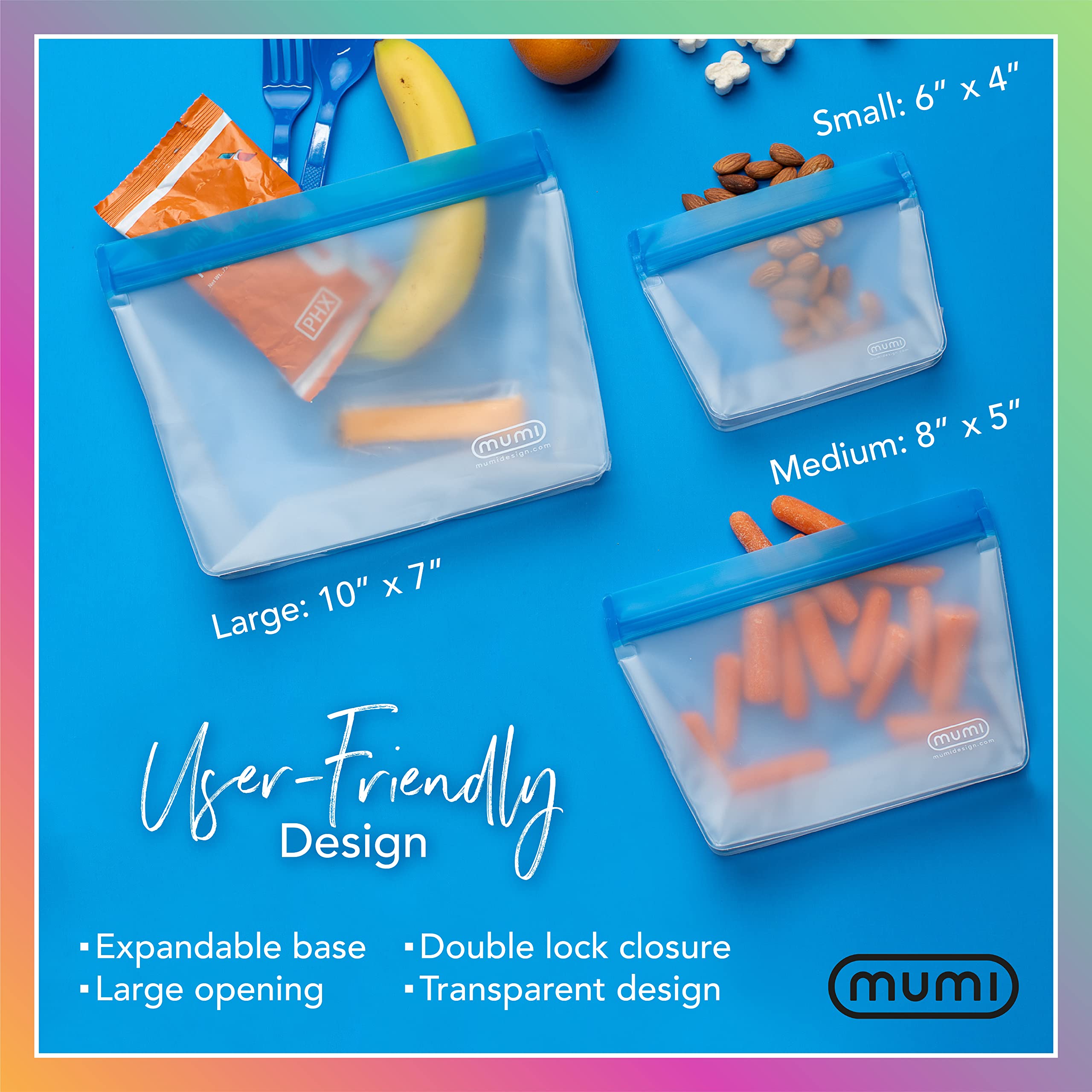 MUMI Reusable Zipper Storage Bags - 3 Pack Airtight Leakproof Food Storage Bags for Travel, Meal Prep & Organizing - BPA Free Ziplock Bags for Snacks, Fruits, Vegetables & Toiletries (Orange)