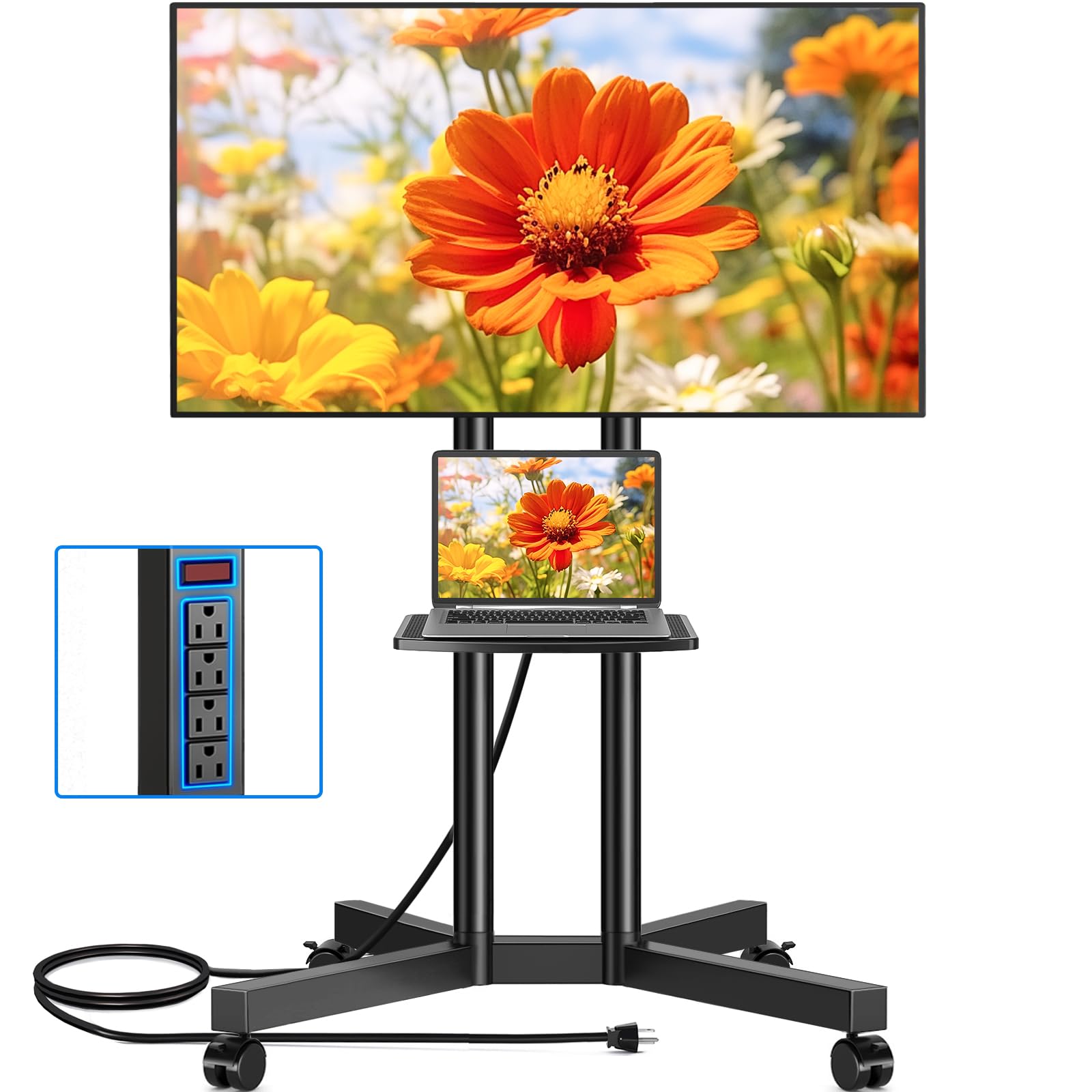 Rfiver Mobile TV Cart Rolling Stand with Power Outlet for 32-70 Inch Screens - Adjustable Height Portable TV Stand on Wheels for Home, Office & Outdoor Use - Heavy Duty TV Mount Stand with Shelf (Holds 88lbs) for Living Room, Bedroom & Patio Entertainment