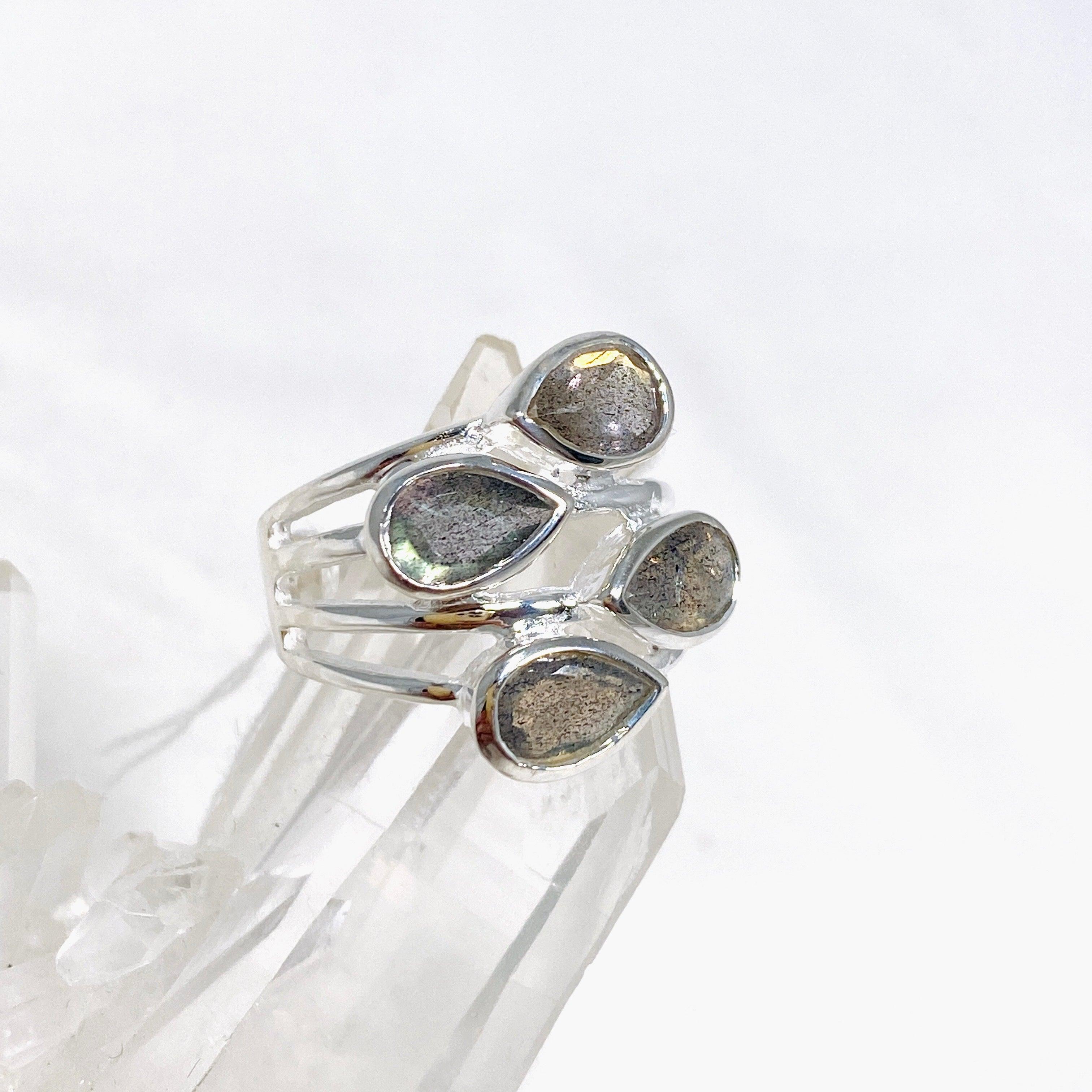 Labradorite Multi-Stone Faceted Teardrop Ring R3815 - Elegant Crystal Jewelry for Women, Perfect for Weddings, Parties & Special Occasions