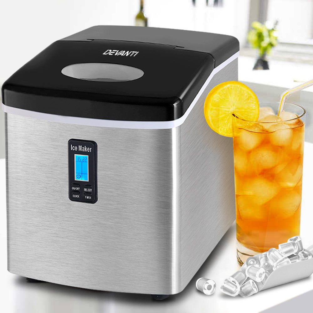 Devanti 3.2L Stainless Steel Portable Ice Maker Machine - Fast 26lbs Daily Output, Perfect for Home, Office, Parties & Outdoor Camping