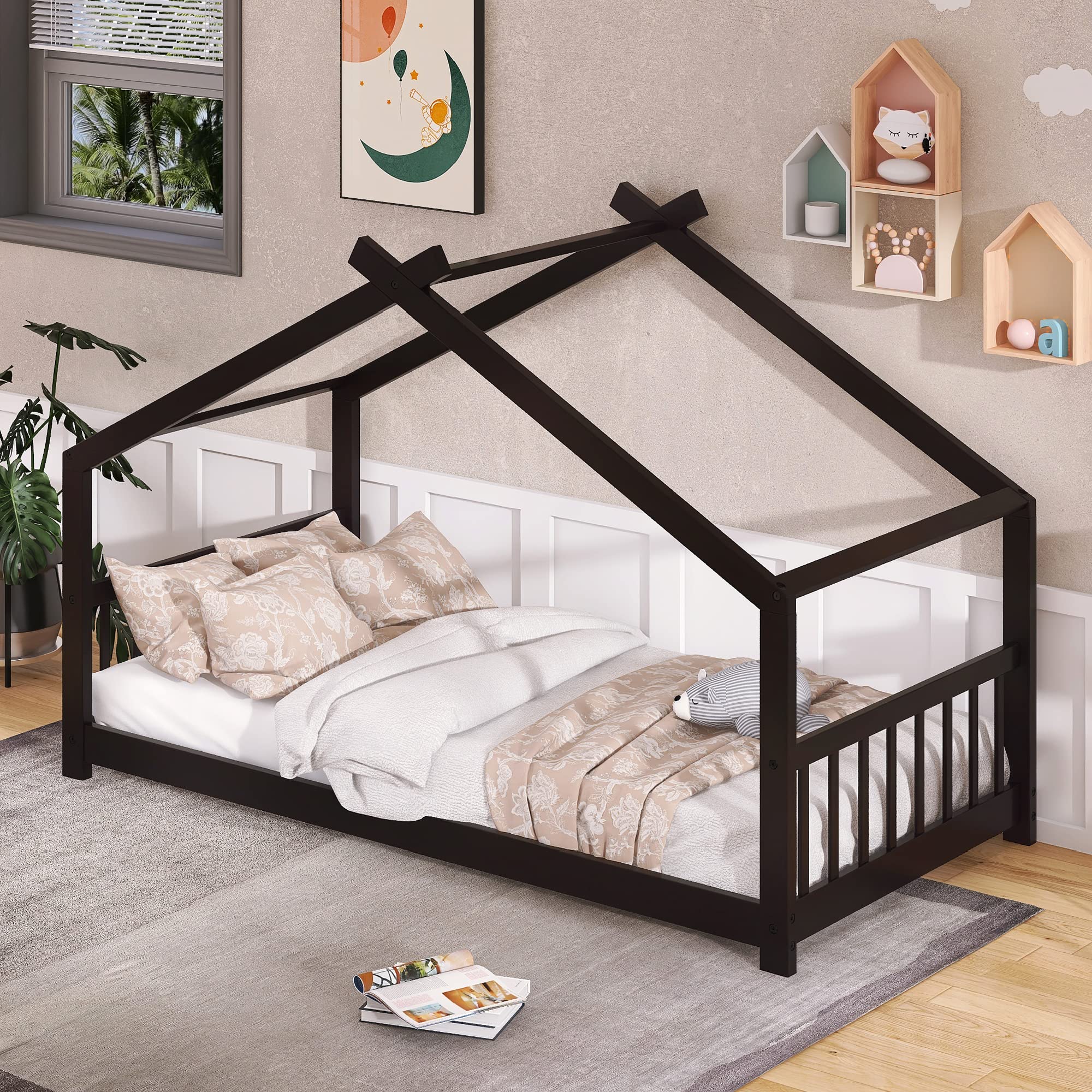 Harper & Bright Designs Wooden House Twin Bed for Kids - Espresso Platform Bed Frame with Headboard & Footboard, Montessori Toddler Bed, No Box Spring Needed - Perfect for Nursery, Bedroom & Playroom Decor
