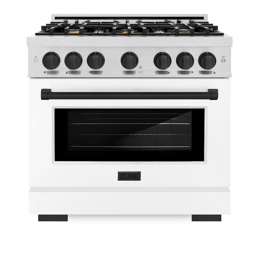 ZLINE Autograph Edition 36 Inch 5.2 Cu Ft Gas Range with 6 Burner Cooktop & Convection Oven - Satin Stainless Steel with White Matte Door & Black Accents (HGRSZ WM 36 MB) - Perfect for Modern Kitchens & Professional Chefs
