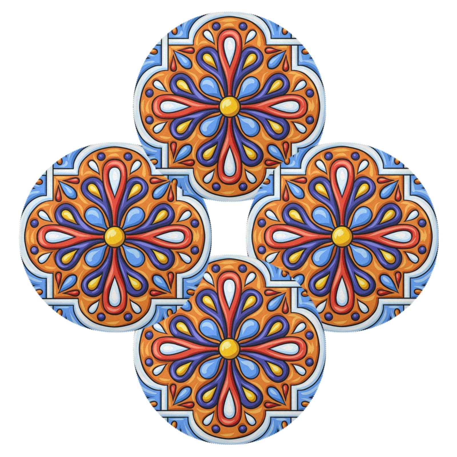 Qilmy Mexican Talavera Round Placemats Set of 4 - Durable Non-Slip Table Mats, Heat & Stain Resistant - Perfect for Kitchen Table Decor, Dining Room, Outdoor BBQ & Party Settings