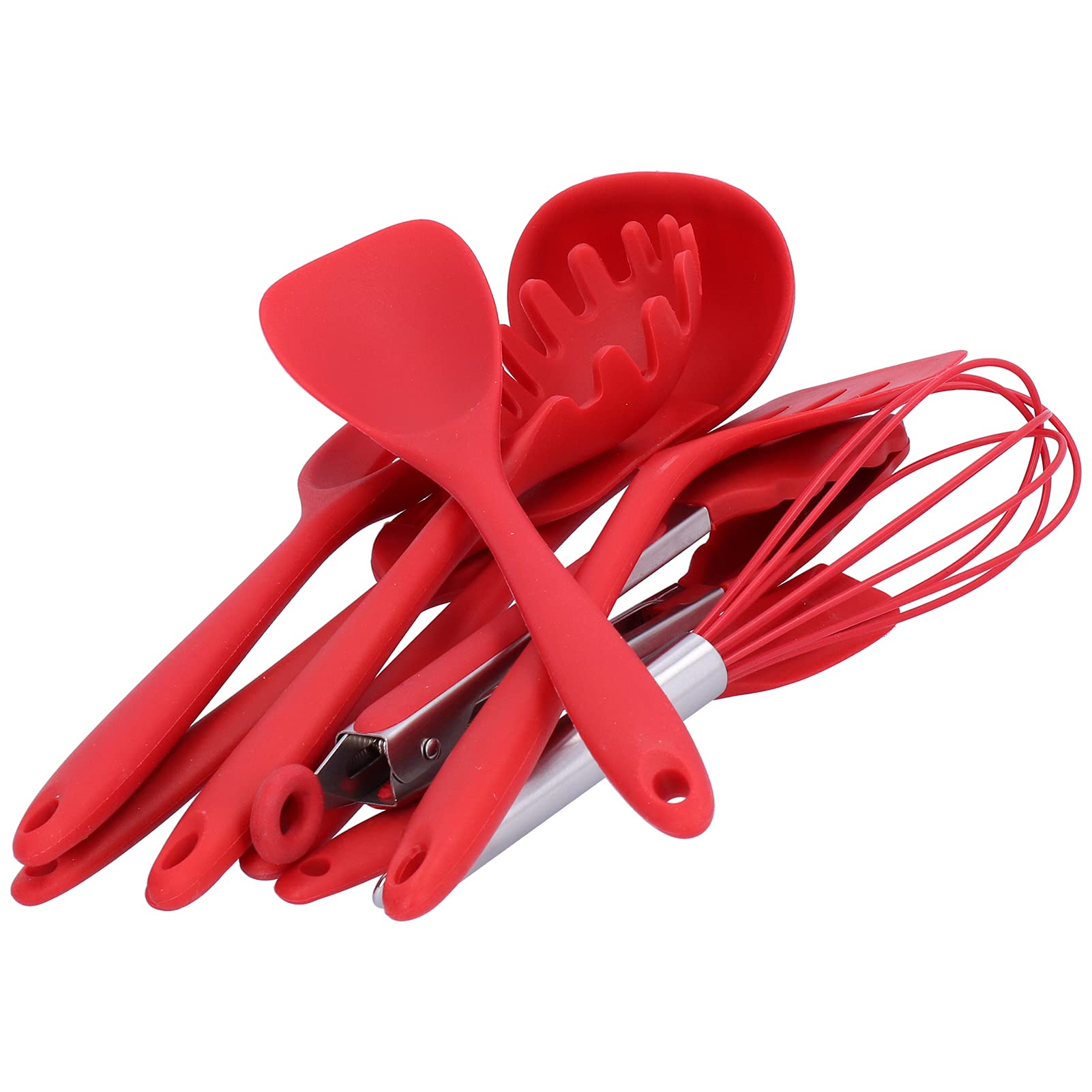 Silicone Kitchen Utensils Set - 10Pcs Non-Stick Spatula, Spoon, Eggbeater & Brush for Home Cooking (Red) - Ideal for Baking, Frying & Everyday Kitchen Use