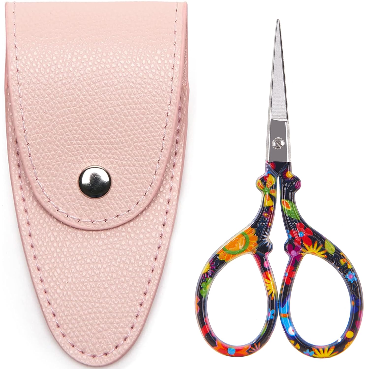 3.6 Inch Small Sewing Scissors - Portable Travel Scissors with Leather Sheath Cover | Black Floral Design | Perfect for Sewing, Crochet, Crafts & DIY Projects | Compact & All-Purpose Mini Scissors in Pouch