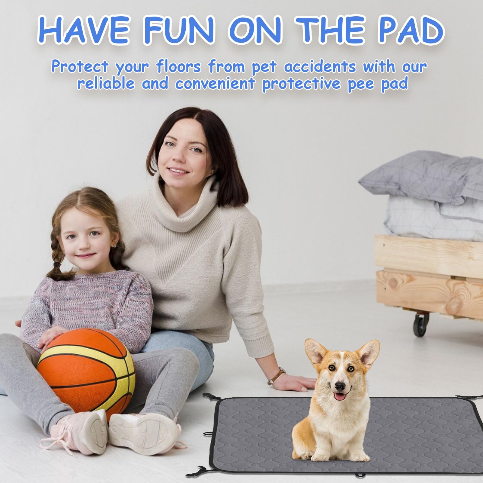 2 Pack Reusable & Washable Dog Pee Pads - Waterproof Puppy Potty Training Pads with Straps, Laminated Whelping Pad for Dogs (Grey, Size M 27.5