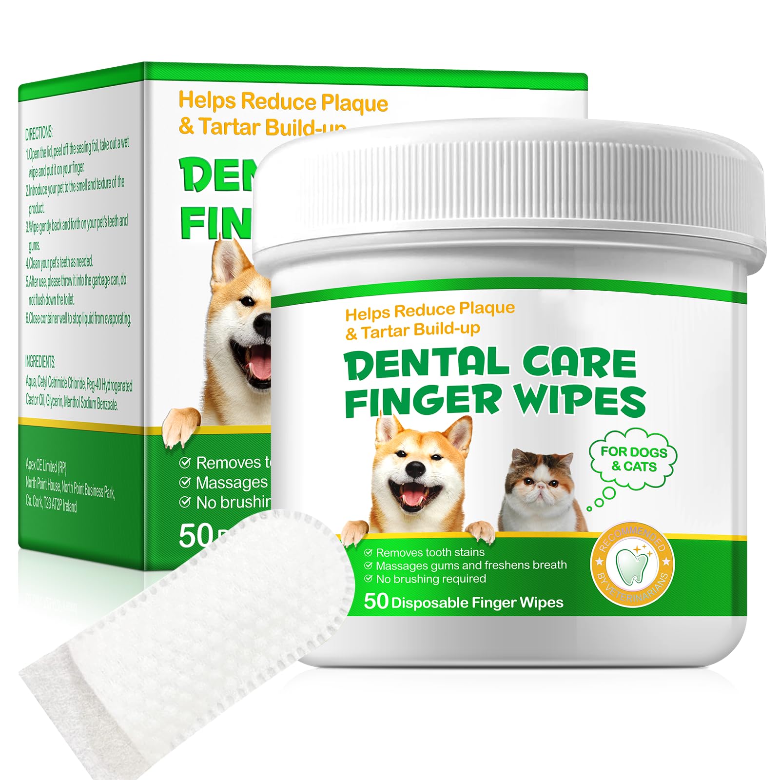 Pet Dental Wipes for Dogs & Cats - 50pcs Finger Toothbrush Wipes for Plaque & Tartar Removal, Dog Teeth Cleaning Kit with Breath Freshener - Perfect for Daily Oral Care at Home or Travel