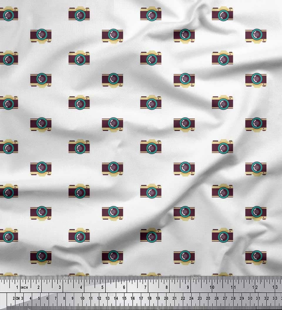 Soimoi Rayon White Fabric by The Yard - 42 Inch Wide Camera Print Shirting for Photography Enthusiasts - Travel-Themed Printed Fabric for DIY Shirts, Dresses & Camera Accessories - Perfect for Photographers & Travel Lovers