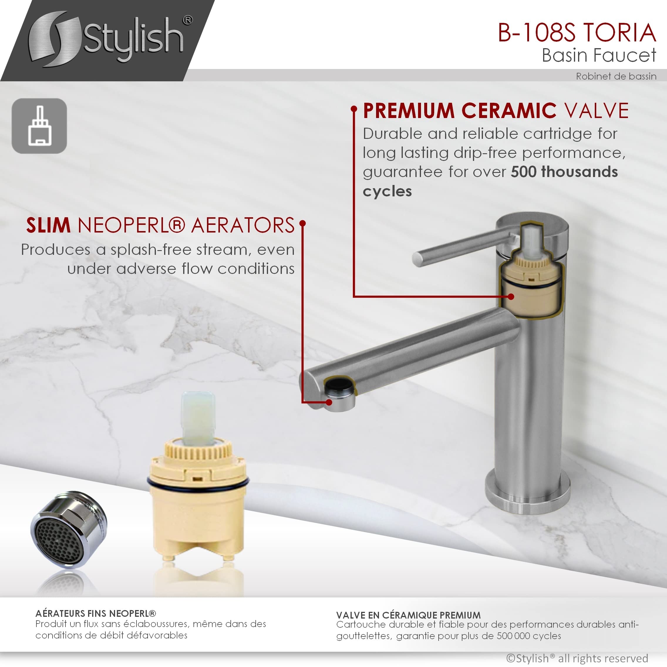 Stylish Single Handle Bathroom Faucet - Solid Stainless Steel Construction, 1 Hole Vessel Sink Faucet with Brushed Finish (Model B-123S) - Perfect for Modern Vanities, Powder Rooms & Luxury Bathroom Upgrades