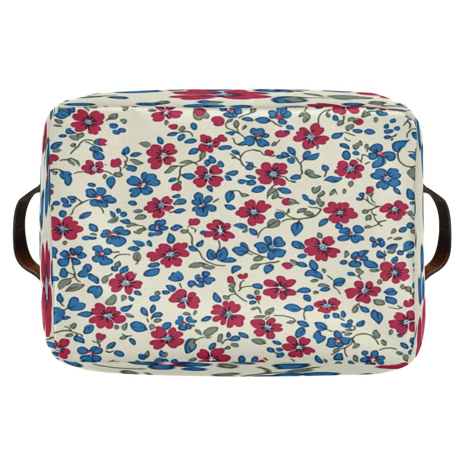 Large Storage Baskets with Handles - Foldable Home Organization Bins for Closet, Shelves & Bedroom (2-Pack, Creamy Red & Blue Floral Pattern) - Perfect for Toys, Laundry & Home Decor Storage