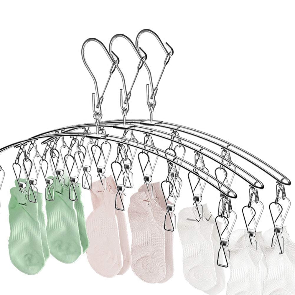Stainless Steel 10-Pack Laundry Drying Rack with Clips - Windproof Sock & Clothes Hanger for Bras, Underwear, Towels, Diapers - Perfect for Small Spaces, Apartments, and Outdoor Drying