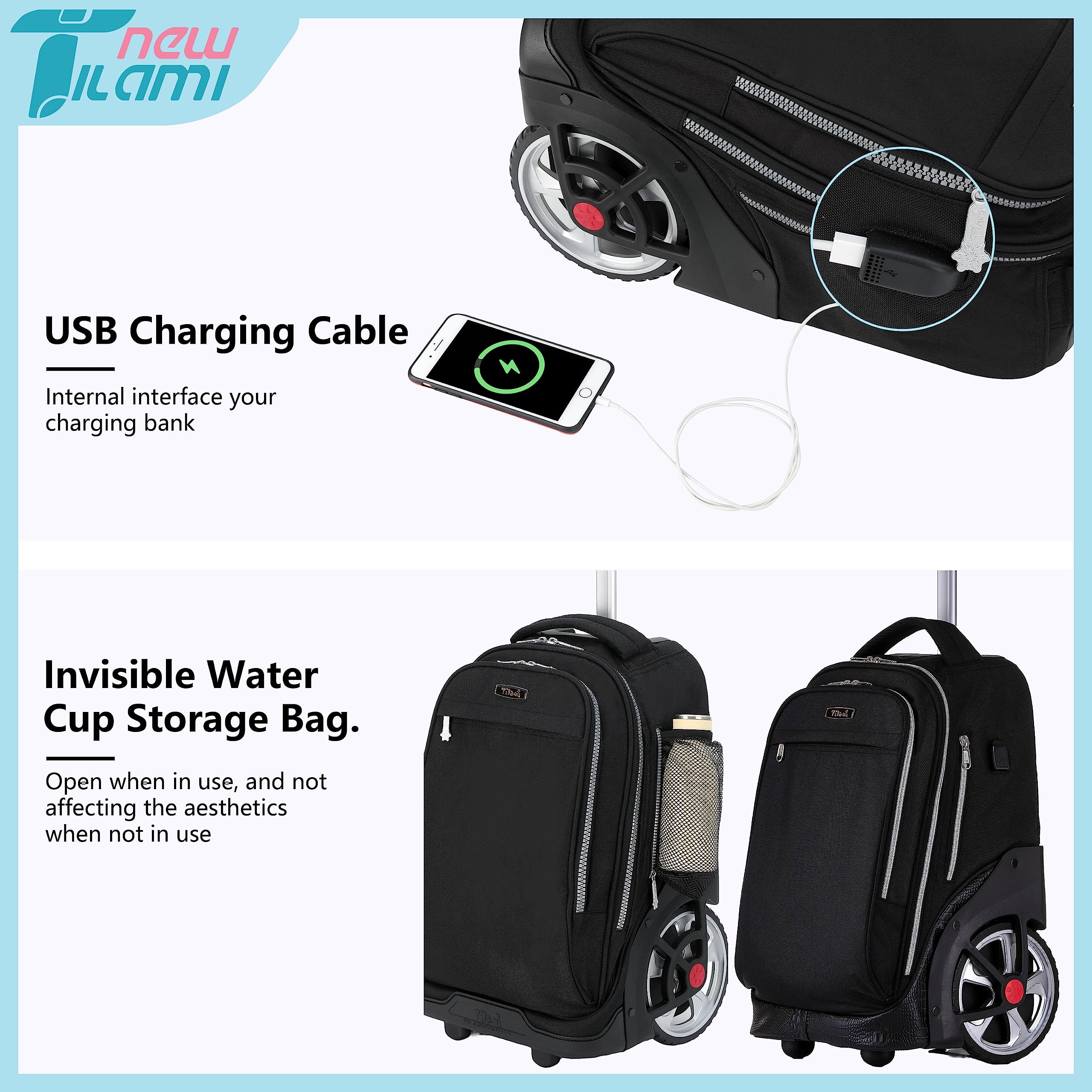 TILAMI 19 Inch Rolling Backpack with Lunch Compartment - Wheeled Laptop Backpack for Travel, School & Work - Durable Carry-On Bookbag with Wheels for Men & Women (Black) | Perfect for Business Trips, College Students & Daily Commute