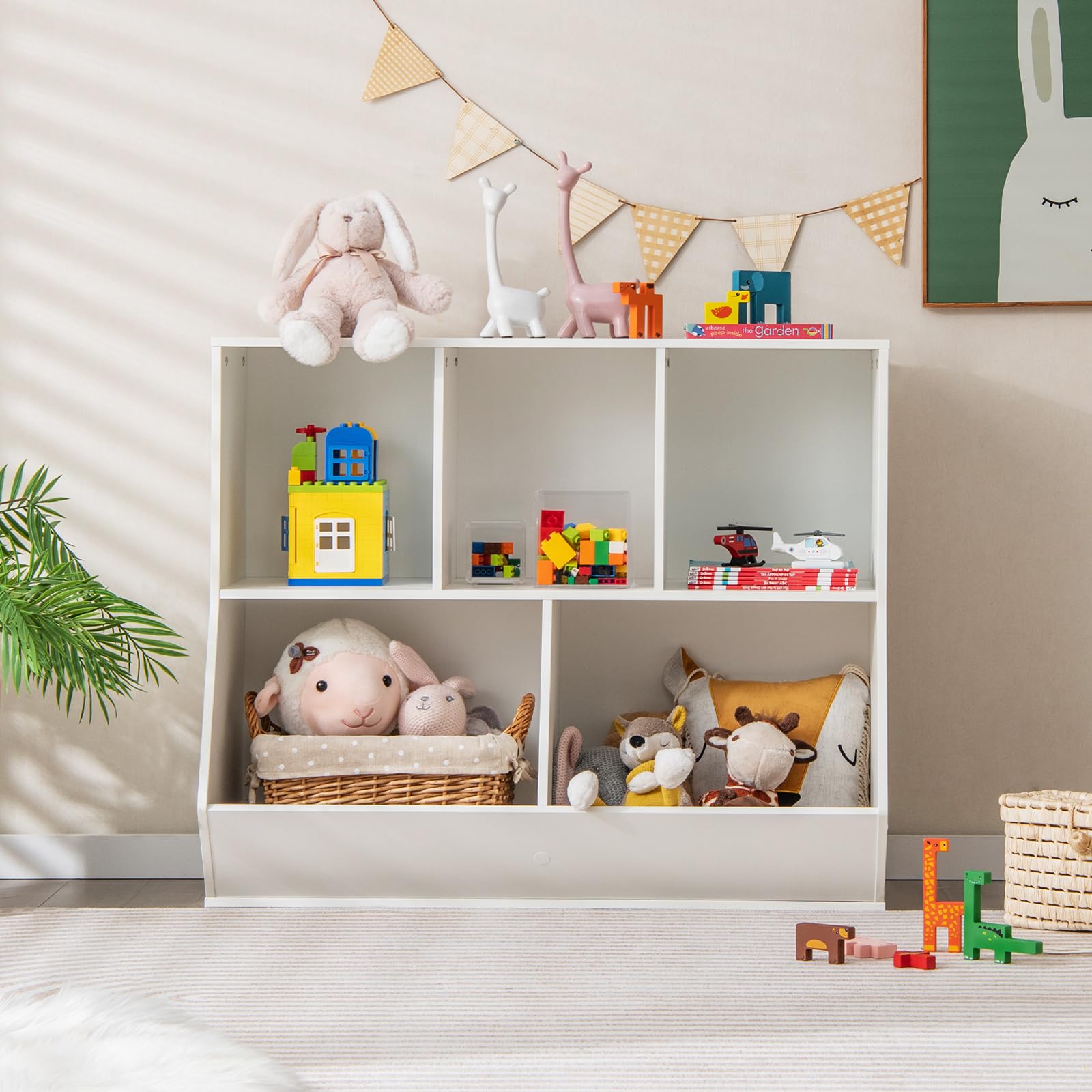 5 Cubby Open Wooden Kids Bookshelf & Toy Organizer - Toddler Playroom Storage for Bedroom, Nursery, and Daycare Organization