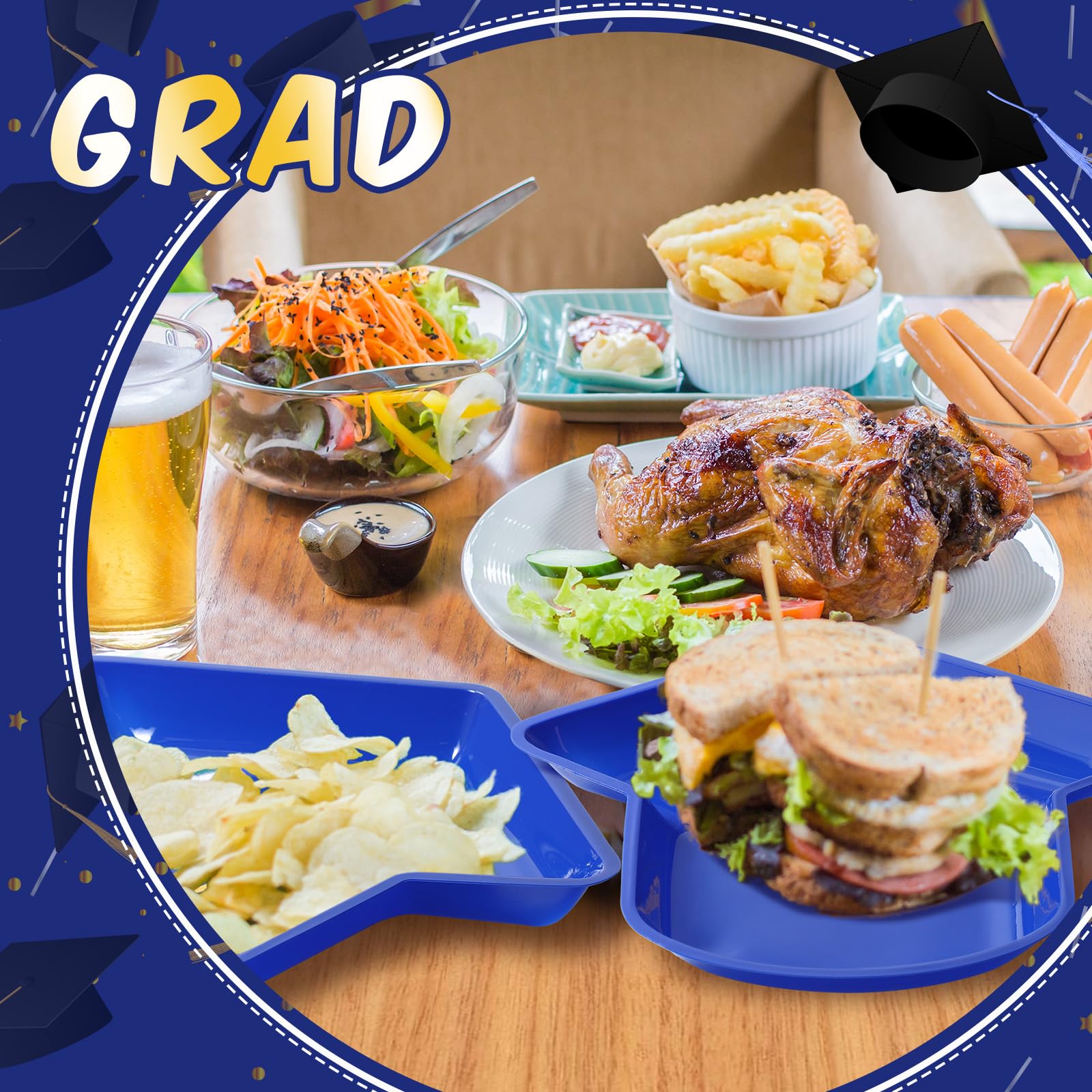 24-Pack Graduation Party Plates - Hat-Shaped Reusable Snack Trays for Cookies, Chips & Candy - 11.6 x 9.6 Inch Blue Graduation Decor - Perfect for Grad Parties, Dessert Buffets & School Celebrations