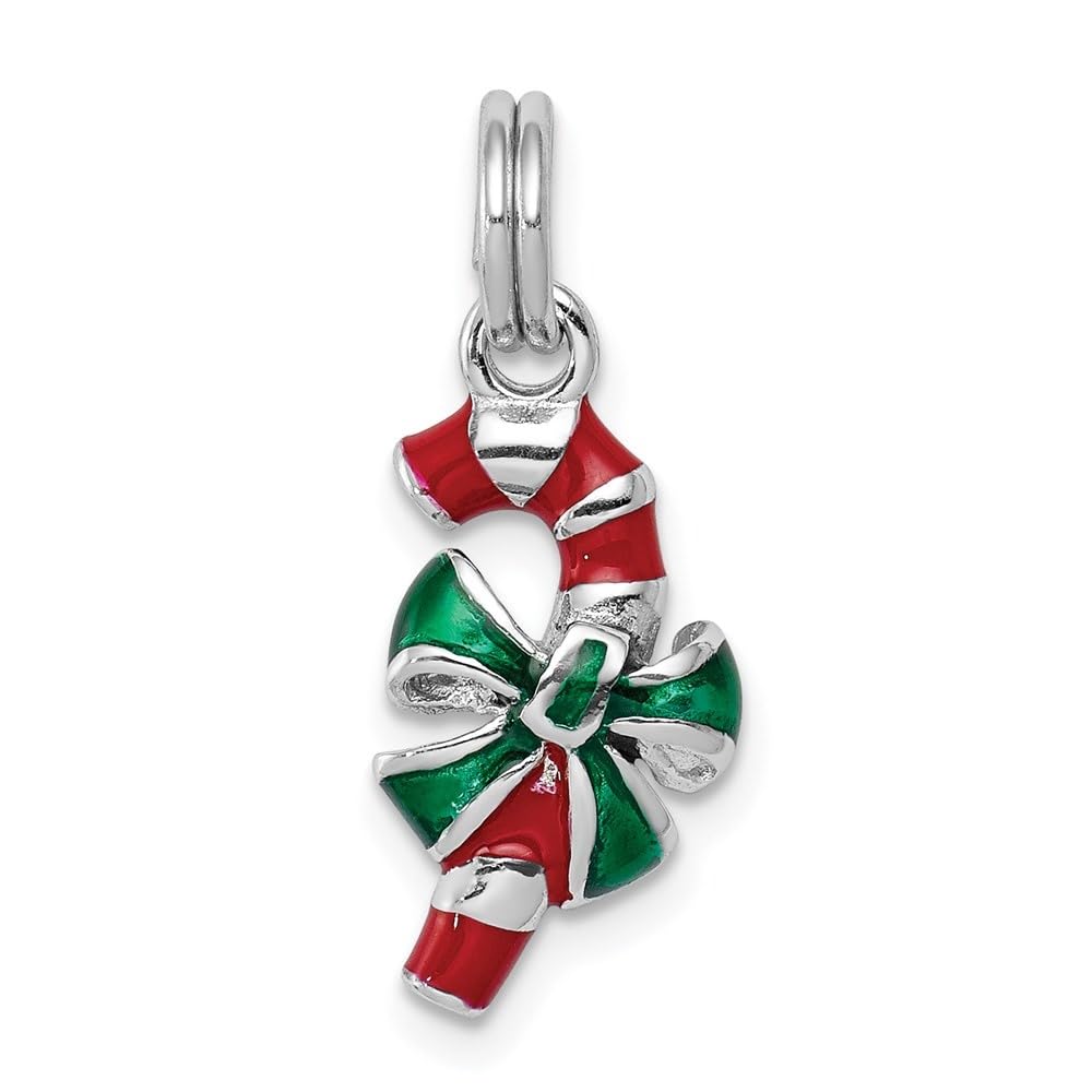 Sterling Silver Rhodium-Plated Enamel Candy Cane Charm Pendant - Christmas Jewelry Gift for Women & Girls - Perfect for Holiday Parties, Tree Decorations & Festive Outfits