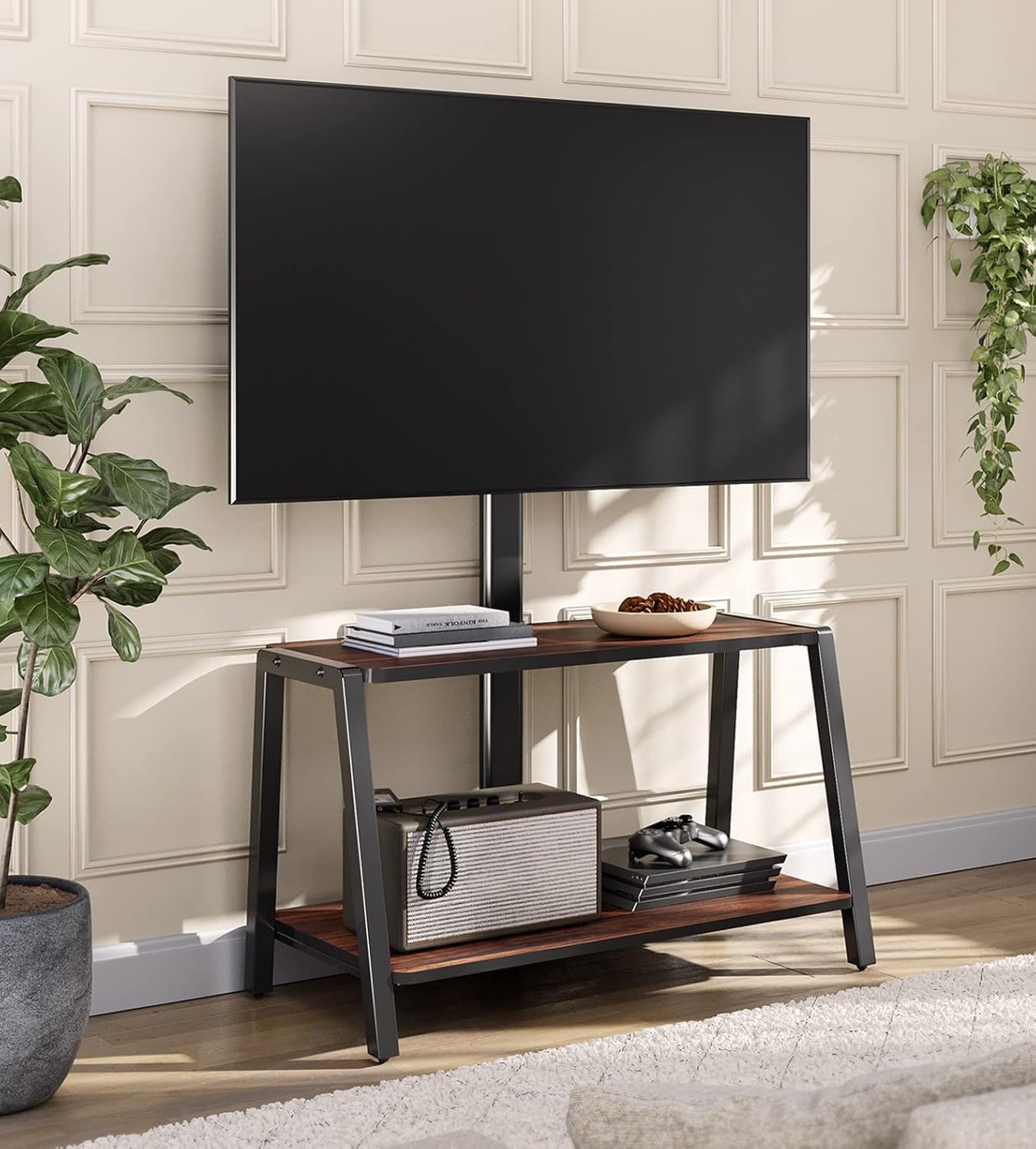 FITUEYES Wooden TV Stand for 32-55 Inch TVs with Mount, 2-Tier Entertainment Center with Storage Shelf - Tall Corner TV Stand for Bedroom & Living Room, Supports Up to 77lbs - Perfect for Flat Screen TVs, Gaming Consoles & Home Theater Setup