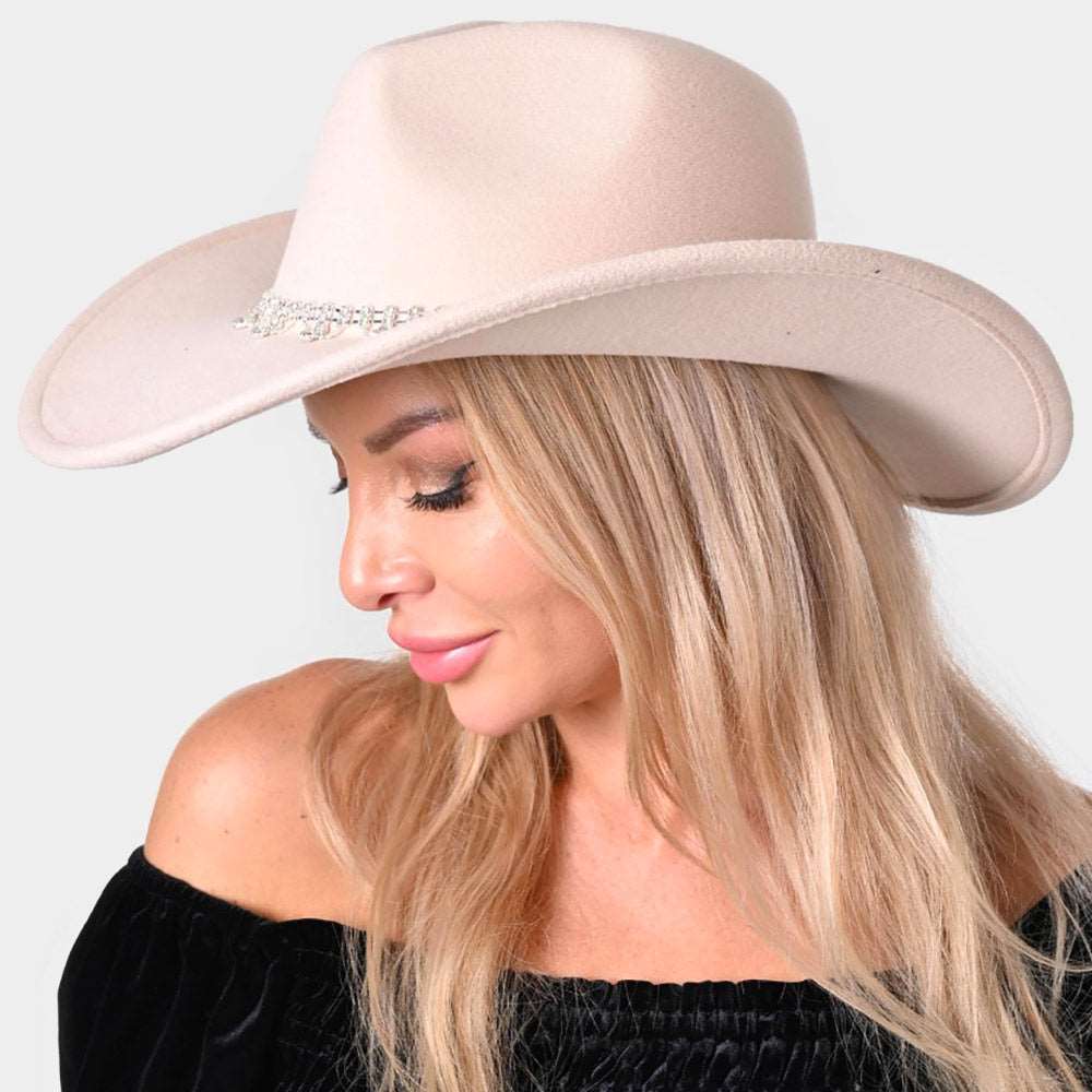 Beige Stone Embellished Cowgirl Fedora Hat for Women - Medium Size Western Fashion Accessory | Perfect for Country Concerts, Rodeos & Outdoor Events