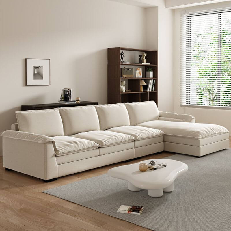 L-Shaped Stain-Resistant Corner Sectional Sofa in Ivory - Right-Hand Facing with Recessed Arm, Removable Slipcover & Chaise Lounge | Perfect for Living Room, Family Room & Home Theater Comfort