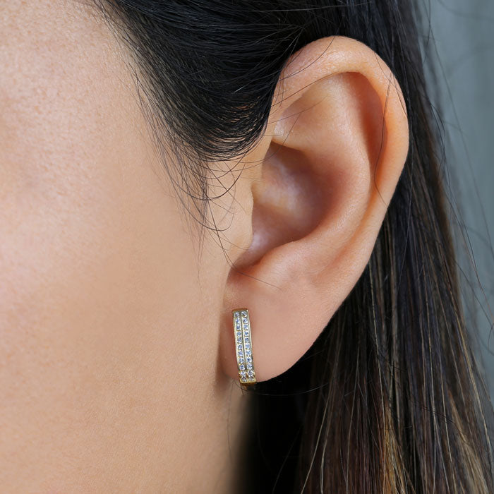 14K Yellow Gold Double Striped CZ Hoop Earrings - 3mm x 15.5mm Clear Cubic Zirconia Studded Dangle Earrings for Women | Perfect for Parties, Weddings & Everyday Elegance