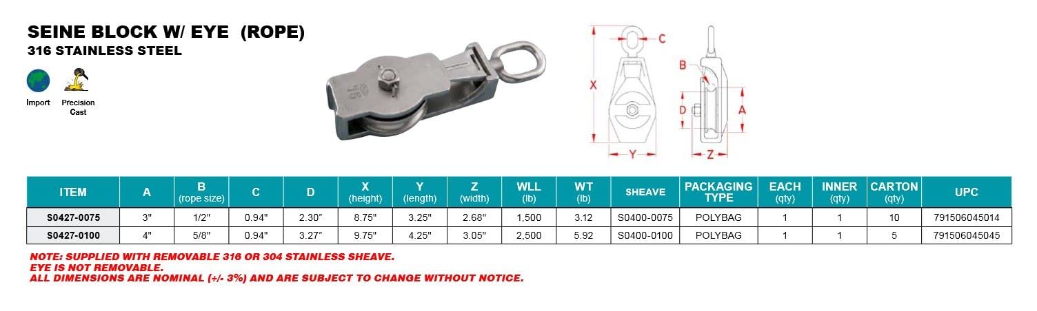 316 Stainless Steel Seine Block with Eye & 3