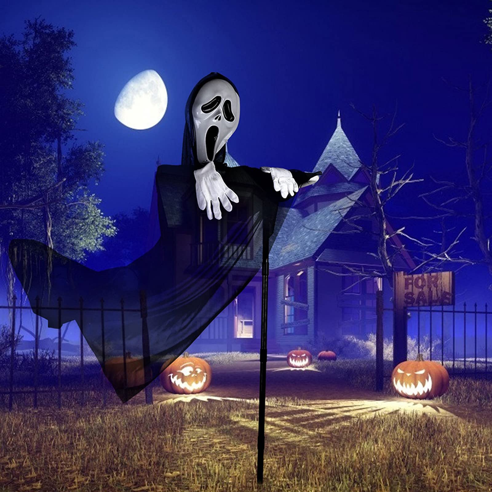 Scary Halloween Decorations - Scream Scarecrow & Flying Ghostface Props for Outdoor Yard, Porch, Garden Party | Haunted House & Spooky Party Supplies