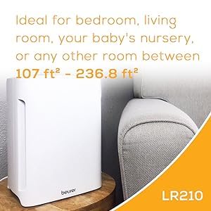 Beurer LR210 H13 True HEPA Air Purifier for Home - 3-Layer Filtration System, 3 Fan Speeds, Allergy & Pet Hair Relief - Quiet Sleep Mode & Timer for Bedroom, Living Room, Office Air Cleaning