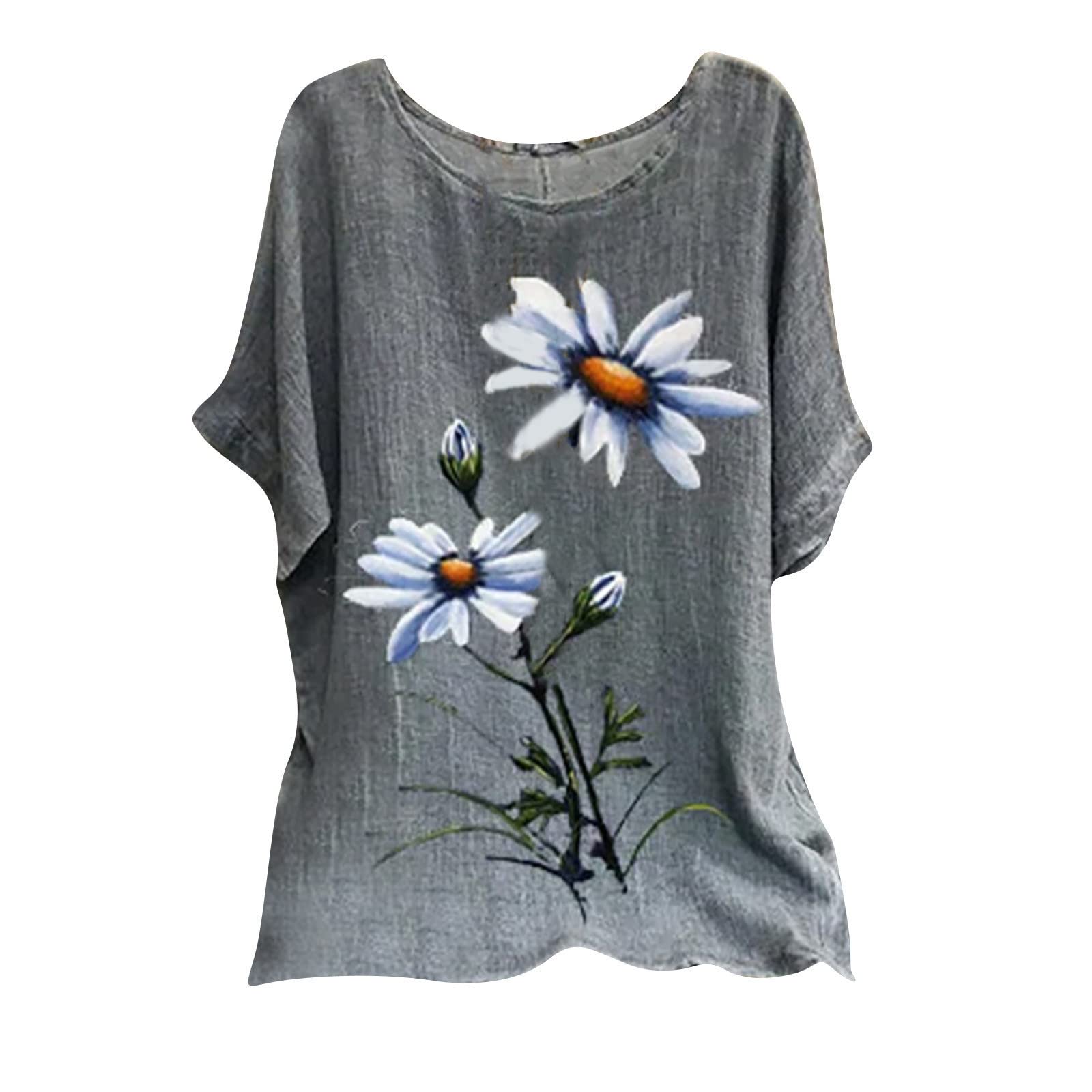 Women's Cotton Linen T-Shirts - Oversized Crewneck Short Sleeve Vintage Floral Blouse for Summer | Casual Wear, Beach Outfits & Boho Style