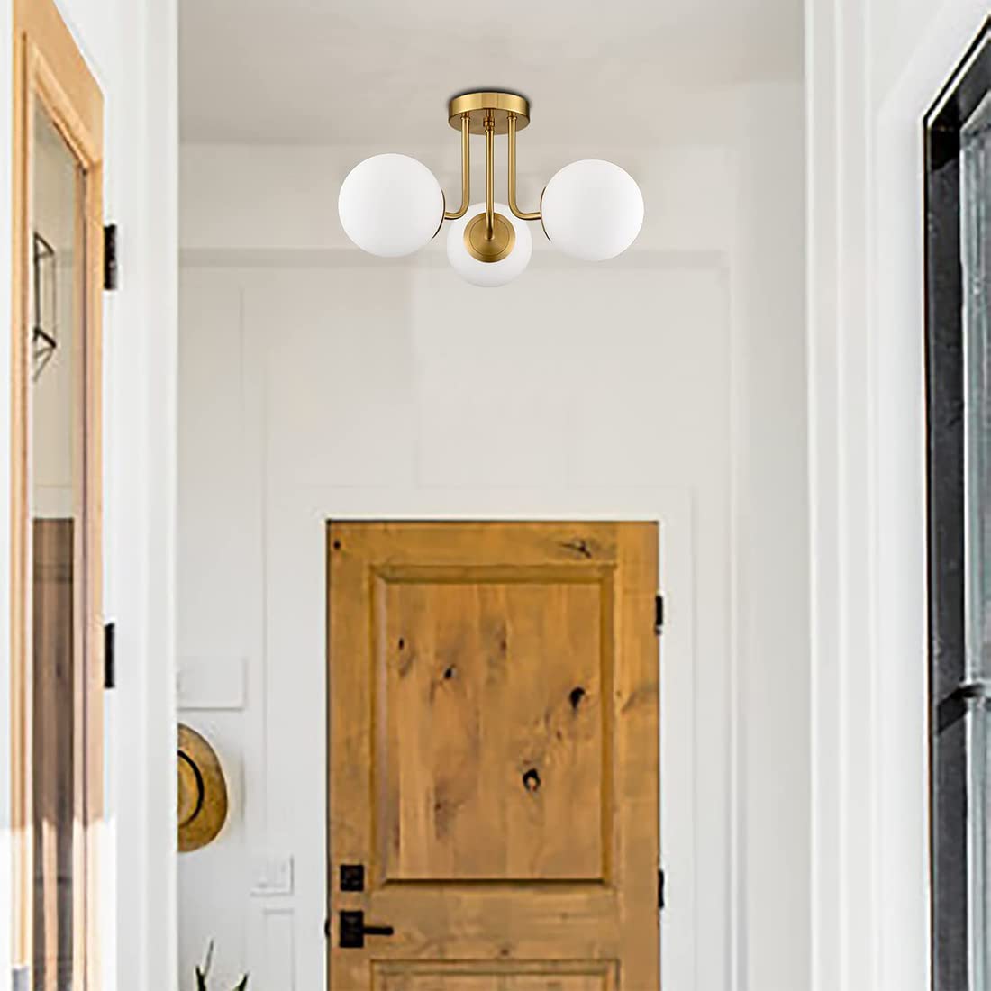 3-Light Gold Brushed Brass Sputnik Chandelier - Modern Glass Globe Flush Mount Ceiling Light Fixture for Bedroom, Living Room & Kitchen | Elegant Lighting for Dining Areas, Hallways & Home Decor