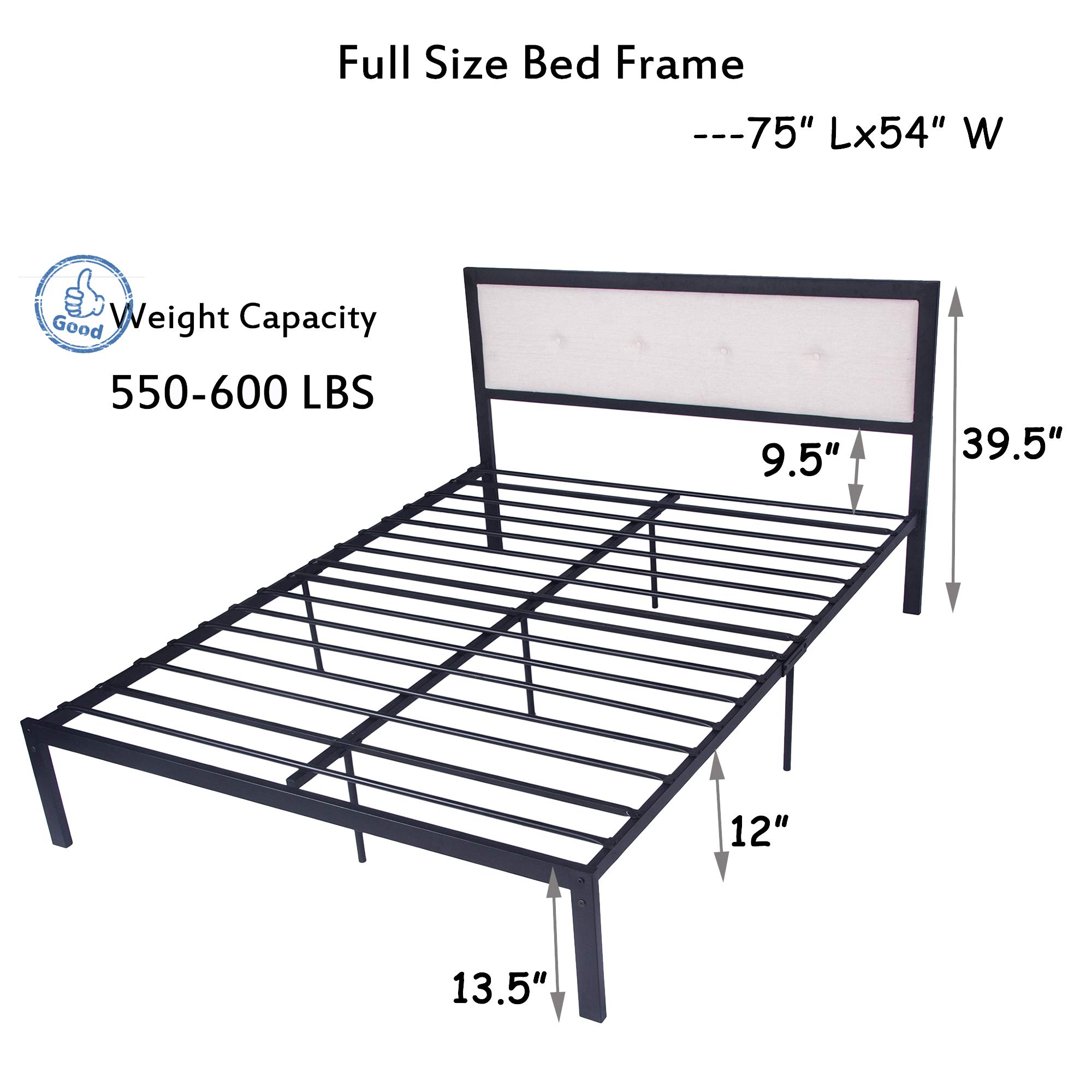 Luckyermore Full Size Bed Frame with Headboard - Heavy Duty Metal Platform, 12