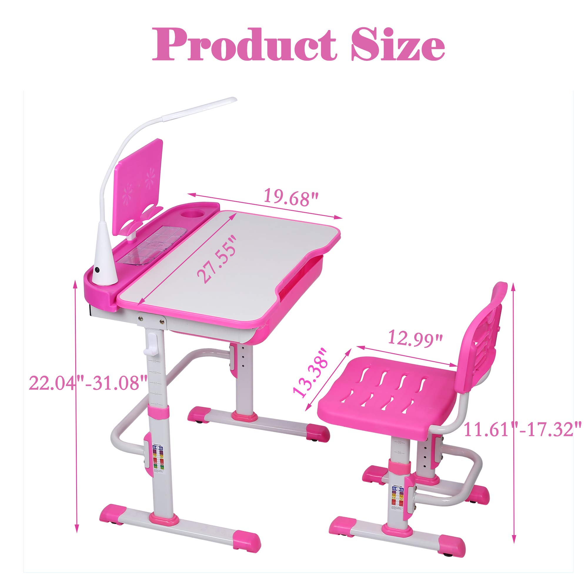 Adjustable Kids Desk and Chair Set with LED Light & Storage Drawer - Ergonomic Study Table for Children, Tilt Desktop & Book Stand - Perfect for Homework, Drawing & Online Learning (Pink)