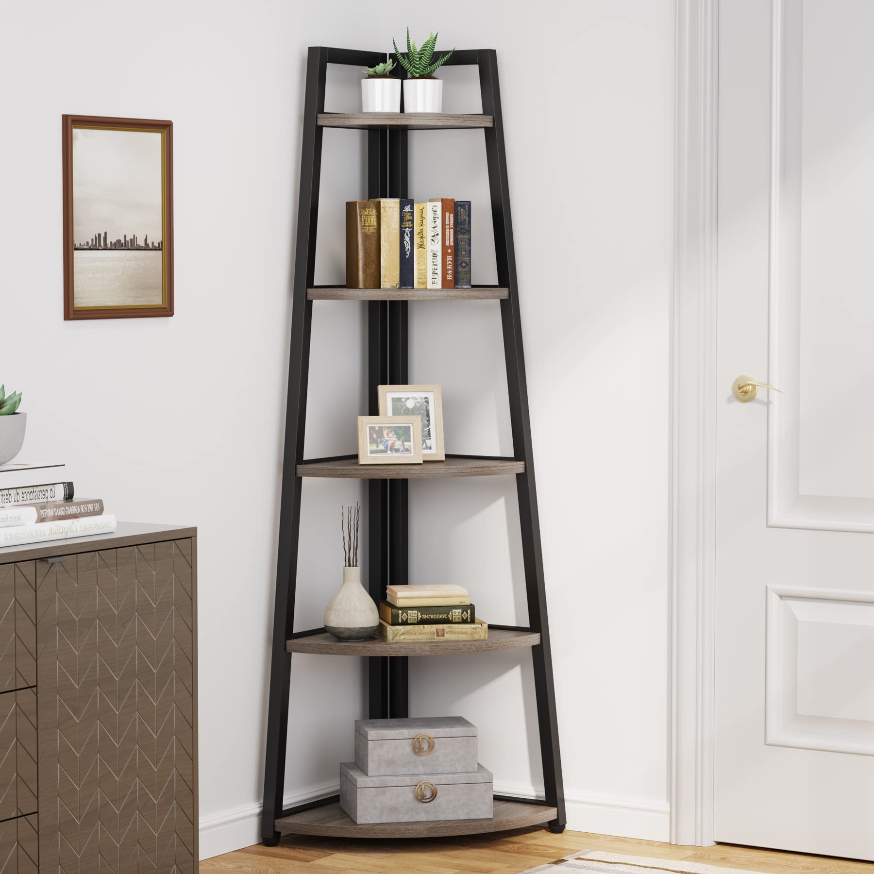 Tribesigns 70 Inch Tall 5-Tier Industrial Corner Bookshelf - Rustic Ladder Shelf for Living Room, Kitchen, Home Office | Space-Saving Storage for Books, Plants, Decor (Grey) - Perfect for Small Apartments & Modern Farmhouse Style