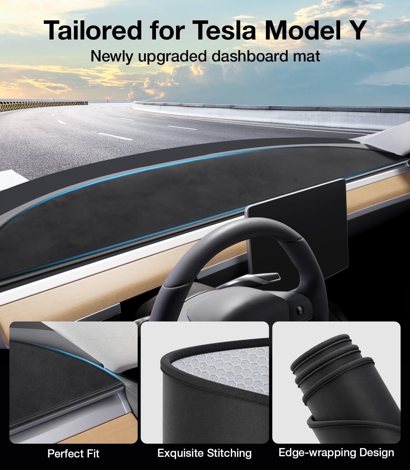 2025 Upgraded Tesla Model Y Dashboard Cover - Anti-Glare Sun Protection Suede Dash Mat | Interior Accessories for Tesla Model Y 2017-2024 (Black) | Perfect for Road Trips & Daily Commuting